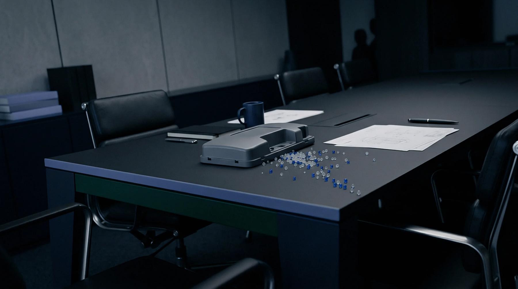 A dark conference table holds a gray plastic molded part, a scattering of clear and blue plastic pellets, and meeting documents.
