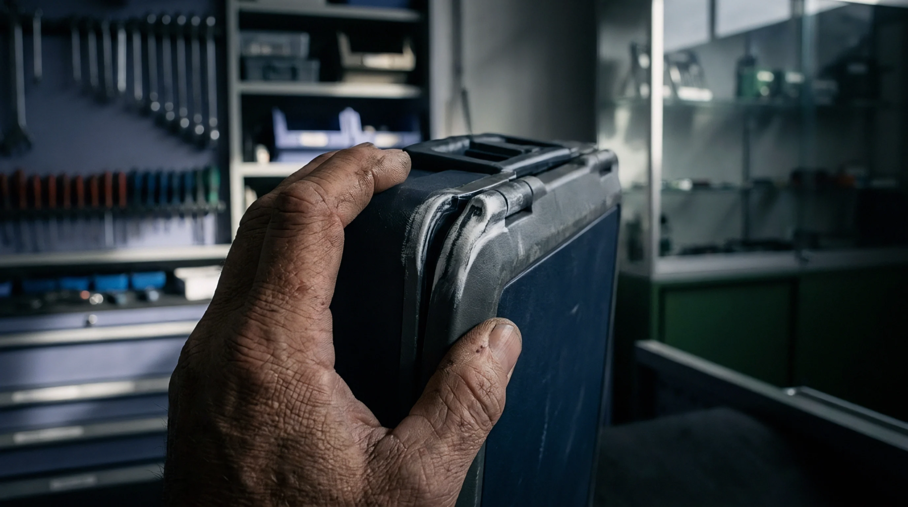 Operator hands examine a molded polymer protective case corner featuring resin trimming edges inside a mechanical parts assembly workshop.