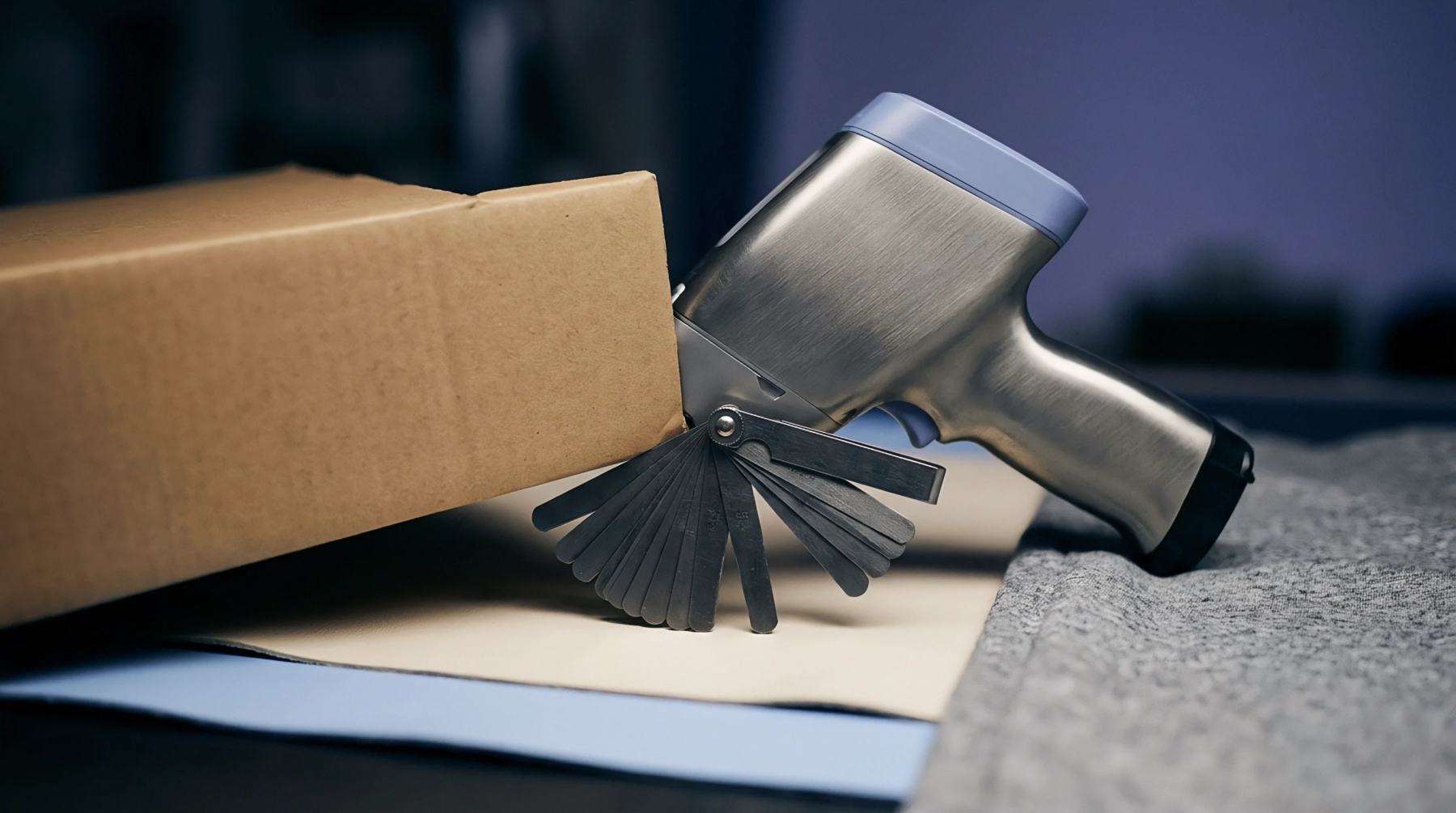 A handheld material analyzer and calibration gauges rest against a corrugated cardboard box on a workbench inside a manufacturing testing facility.