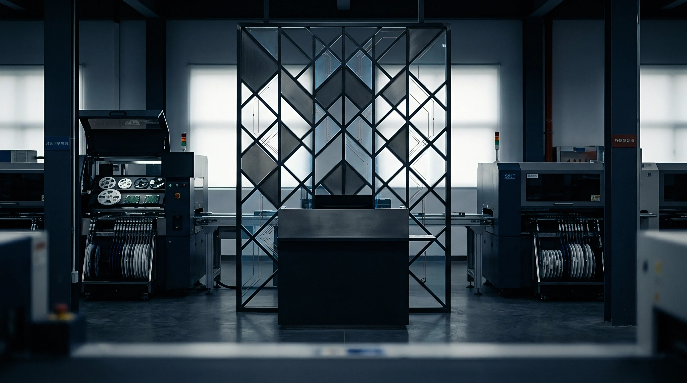 Automated SMT component assembly machines are situated on a dark, polished factory floor, framed by windows and a striking geometric screen.
