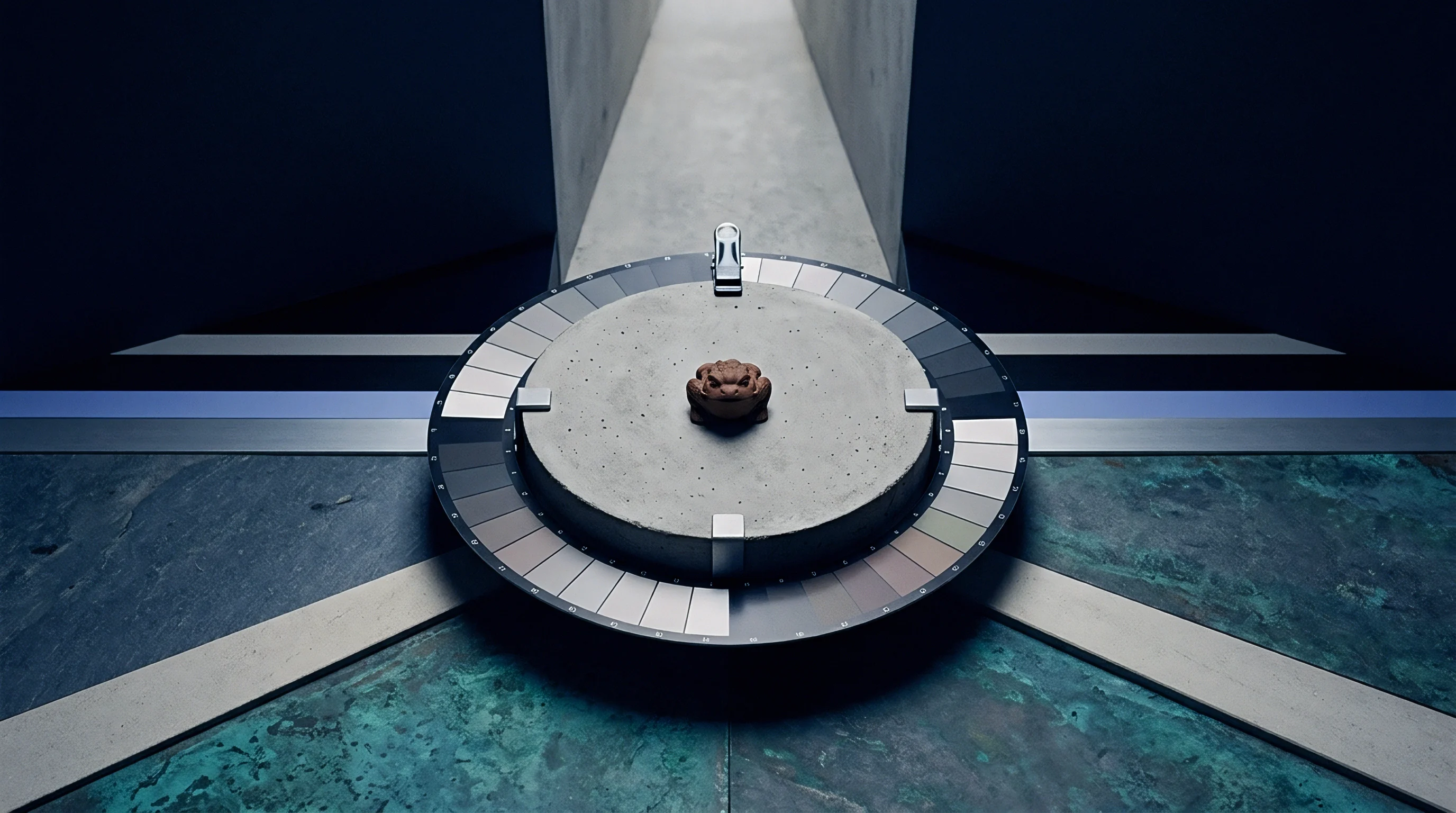A concrete circular platform holds a small figurine encircled by a numbered metallic swatch ring positioned on a textured industrial floor panel.