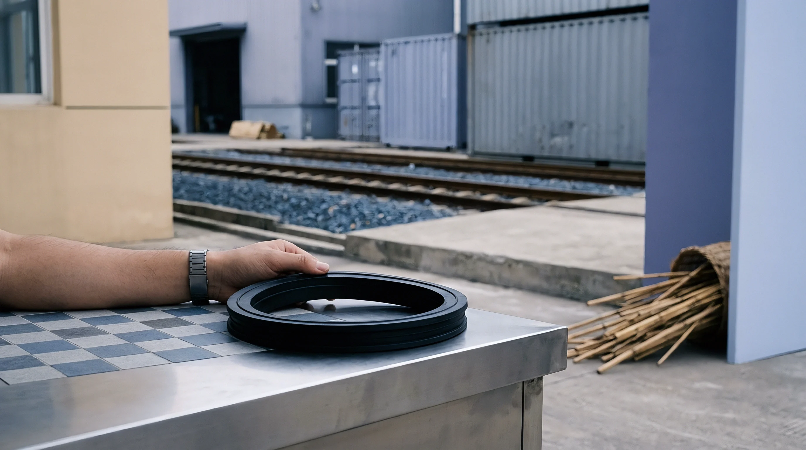 A hand holds a black precision sealing component on a checkerboard metal surface within an industrial yard featuring train tracks and shipping containers.