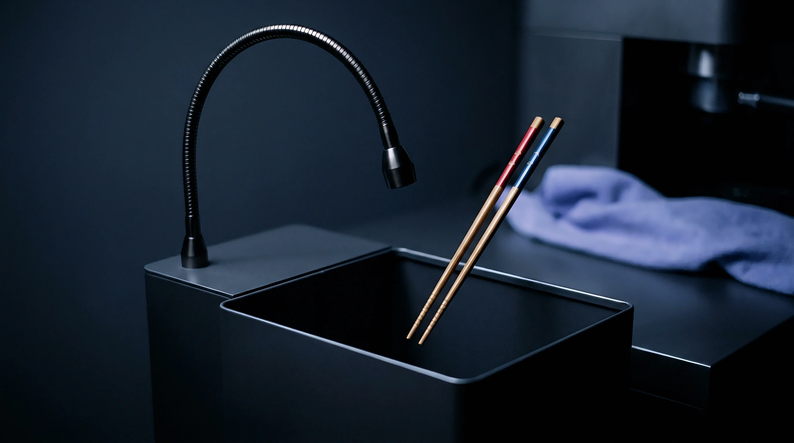 A modern dark gooseneck fixture extends over a minimalist square basin, holding two precisely placed decorative chopsticks.