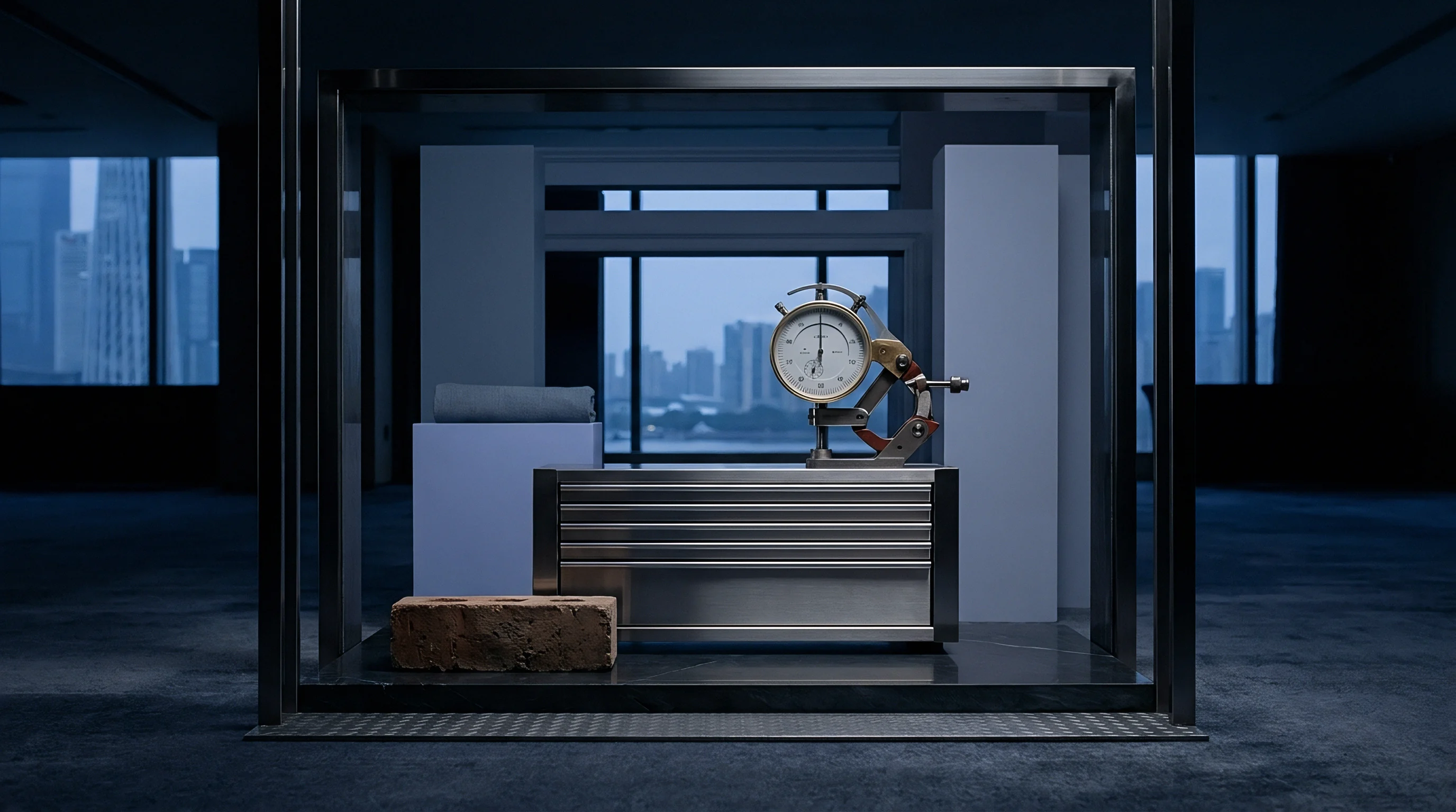 A heavy steel testing cabinet supports a mechanical dial gauge beside a masonry brick and fabric sample inside an urban factory office.