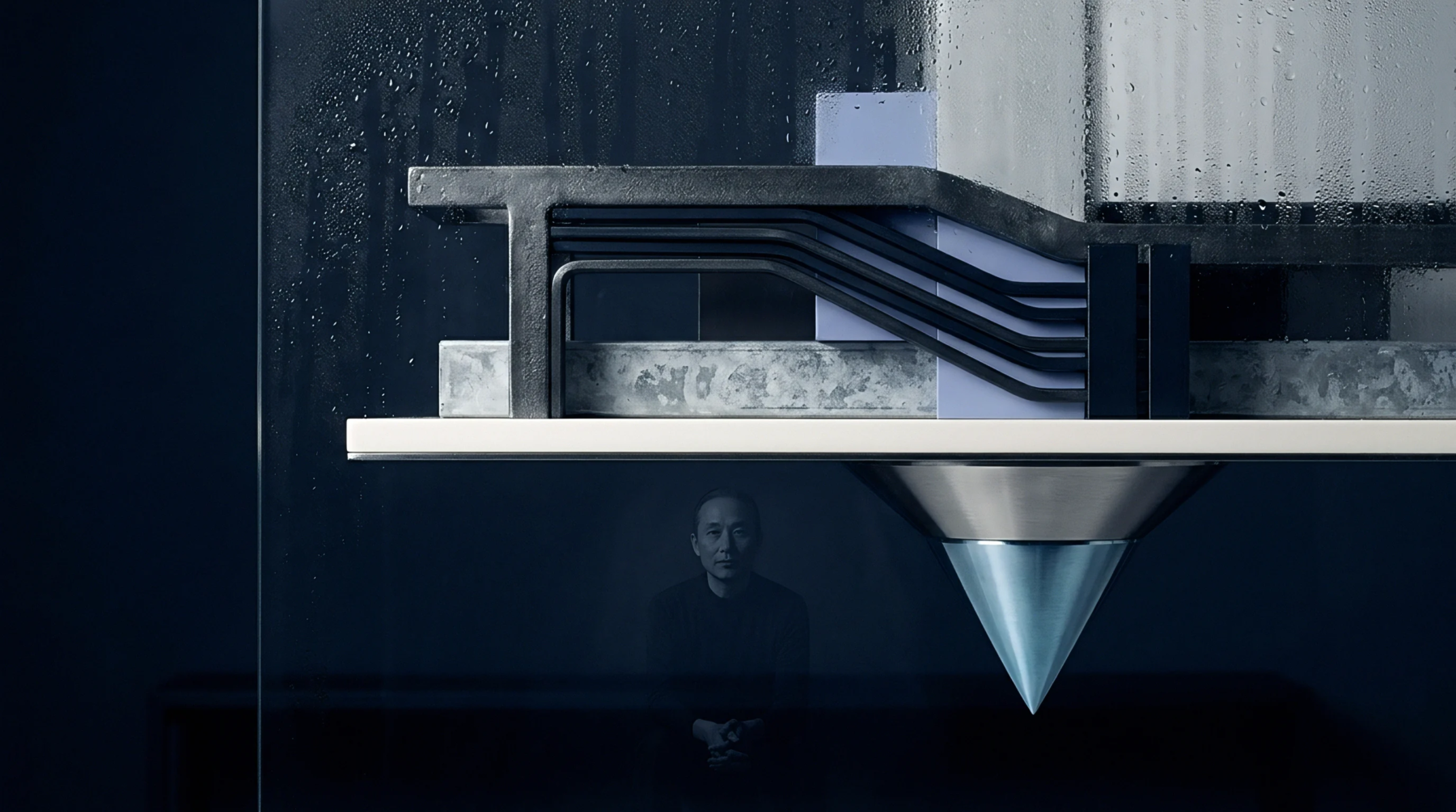 A digital render cross section displays layered metal profiles and concrete blocks above a pointed cone against a condensation covered glass wall.