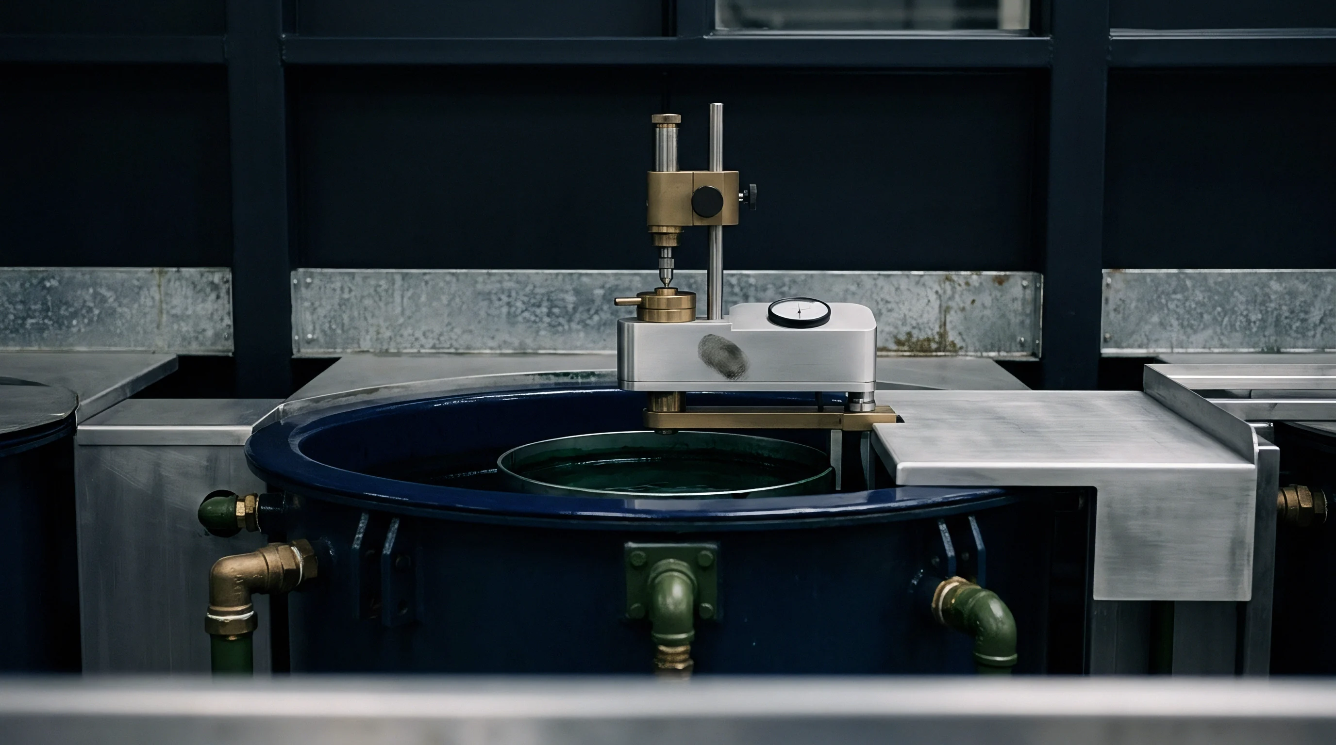 A brass and steel measurement probe sits atop a dark blue vat filled with liquid connected by green industrial pipes.