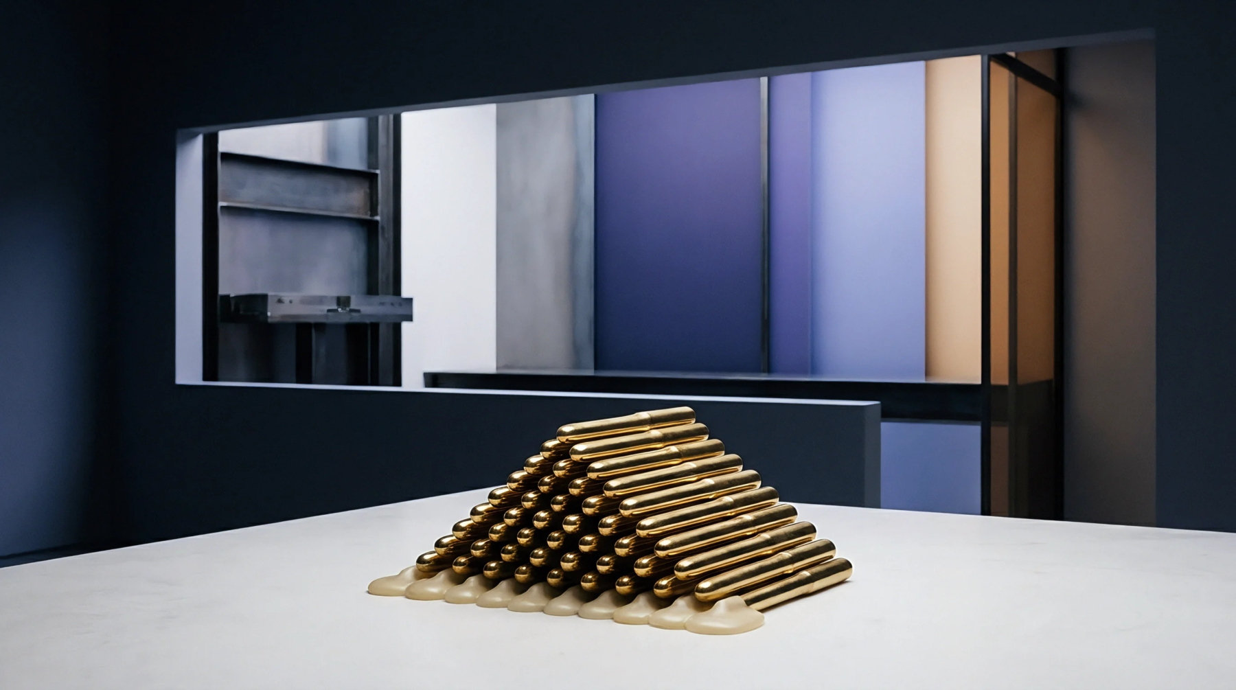 Milled metal hardware components are arranged in a structured pyramid on a white surface within a factory design showroom.