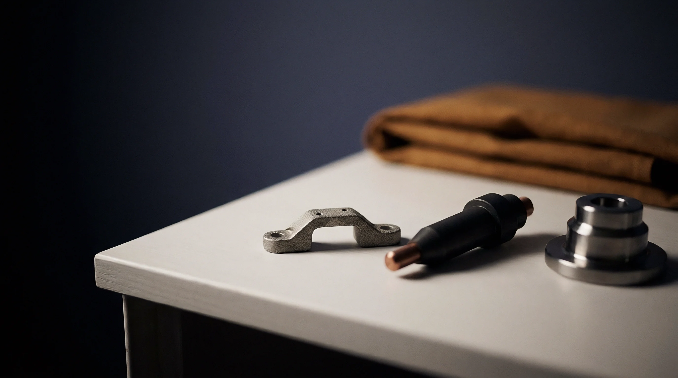 Metal machined parts and a stamped bracket rest on a white factory workstation surface beside a folded canvas wrap.