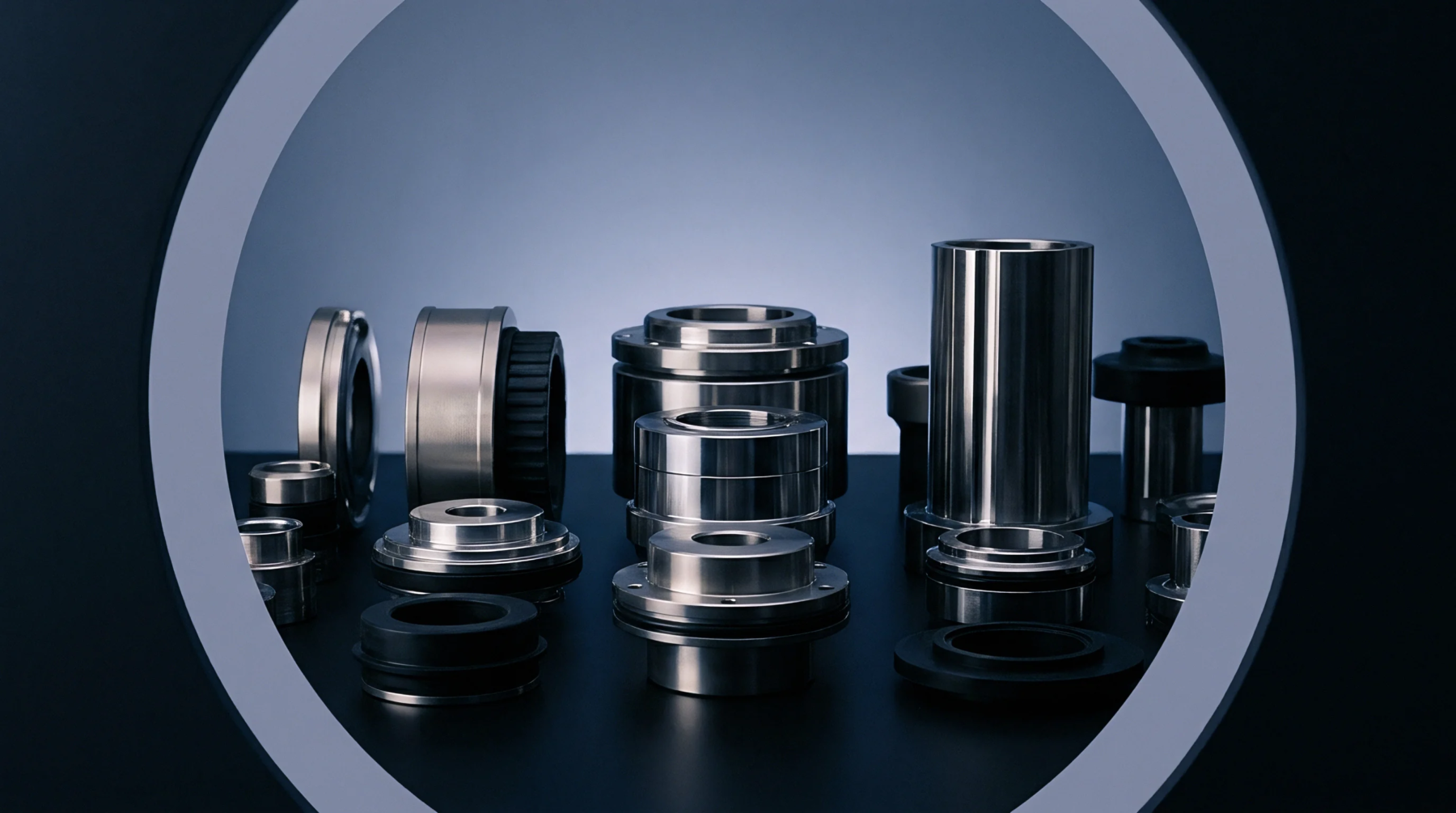 Polished steel mechanical seals and precision turned metal components rest on a dark production floor workbench inside a manufacturing facility.
