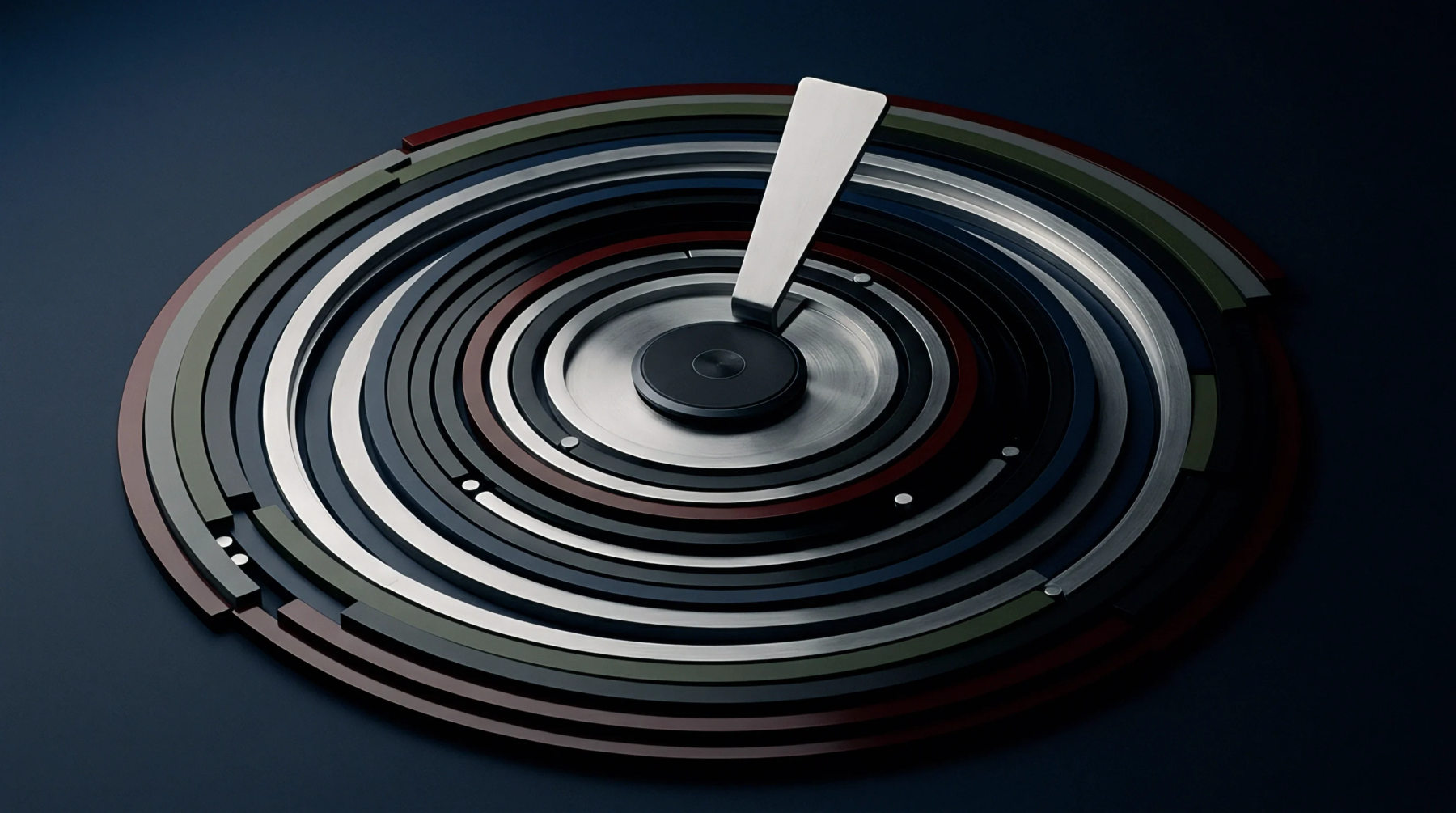 Rendered concentric metallic rings and radial adjustment levers form a complex calibration dial set against a dark industrial workspace backdrop.