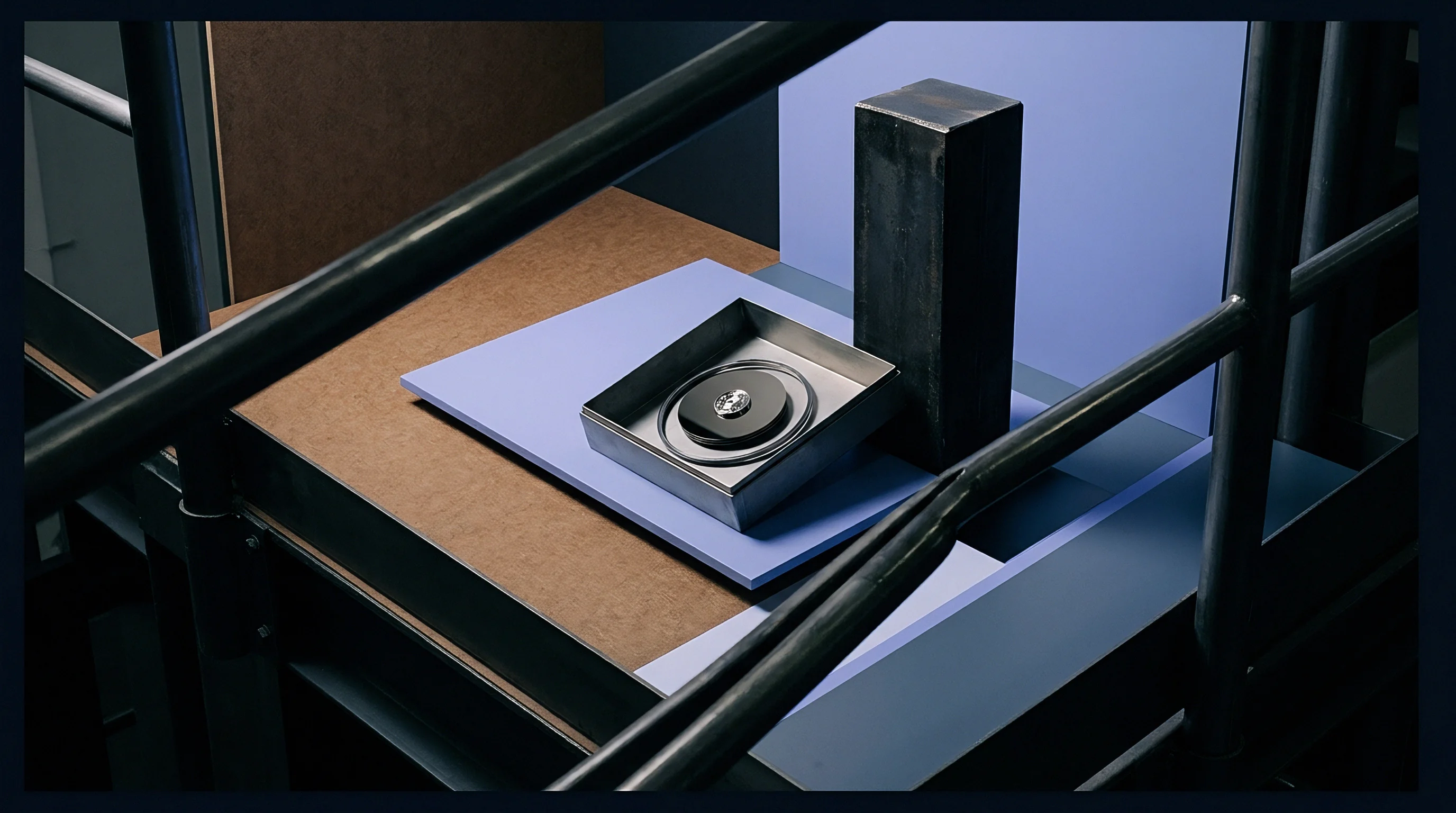 A precision metal component rests inside a steel tray beside a heavy vertical block upon a modular industrial assembly platform.