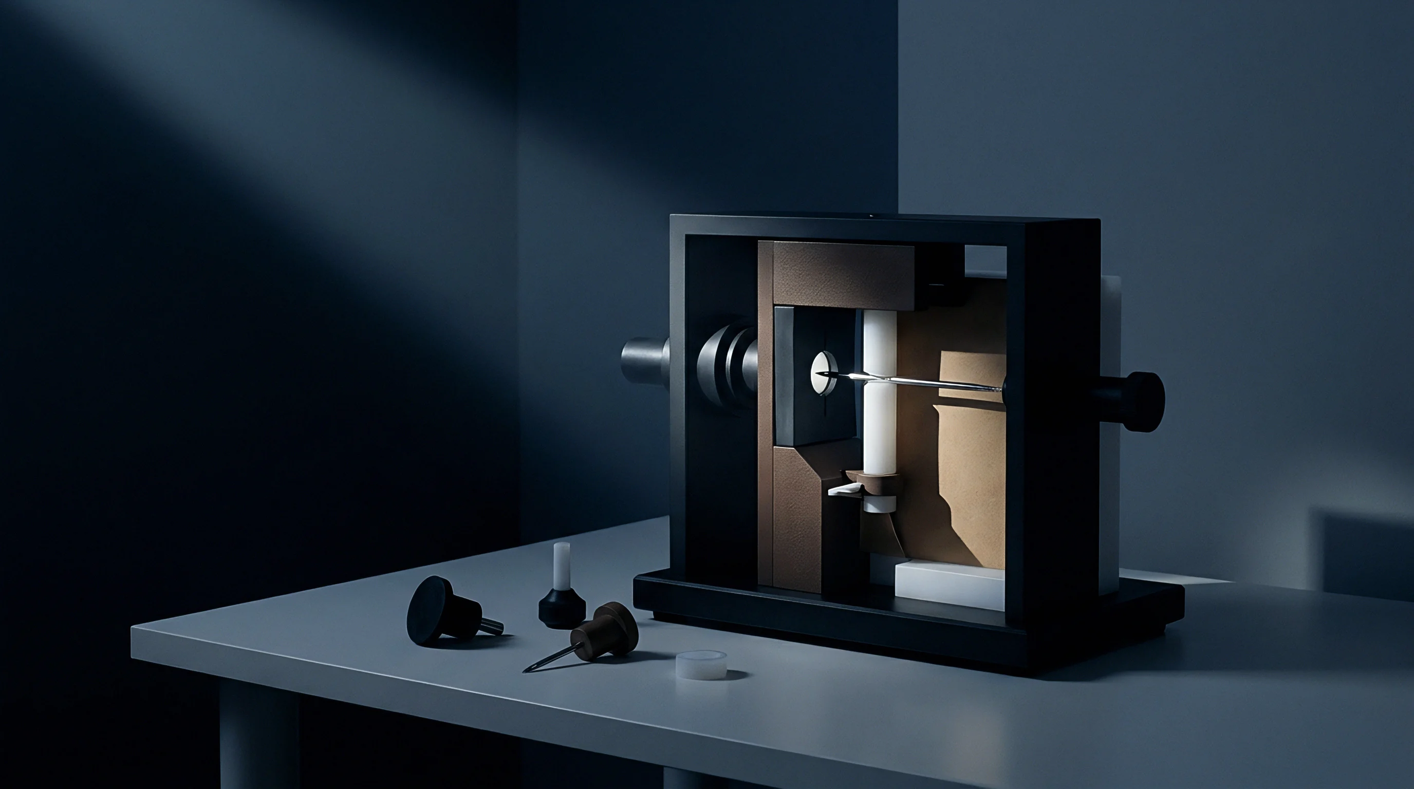 A digital render of a precision metrology calibration apparatus rests upon a grey factory workspace table inside an industrial quality control laboratory.