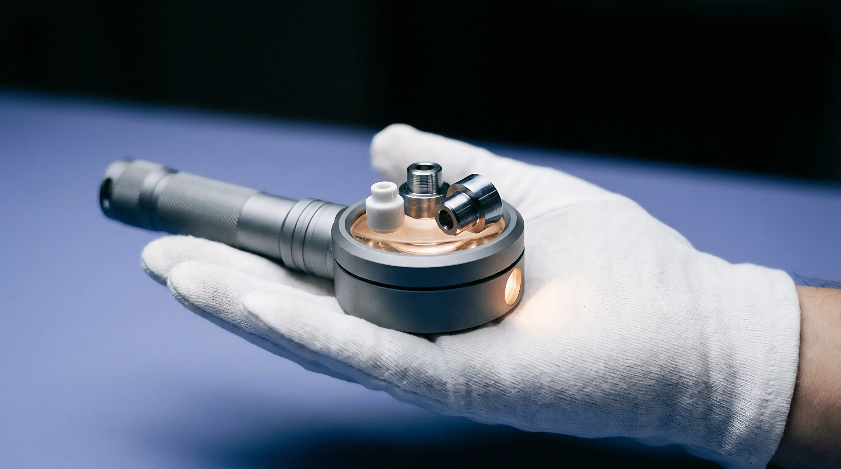 A gloved hand supports a precision inspection instrument featuring metal and ceramic components resting on an illuminated optical stage.