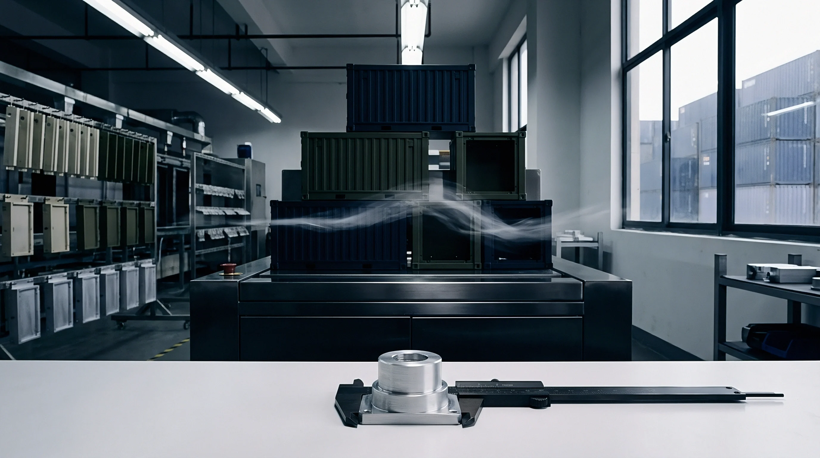 A metal component sits on a table next to digital calipers in a facility featuring stacked shipping containers and industrial testing equipment.