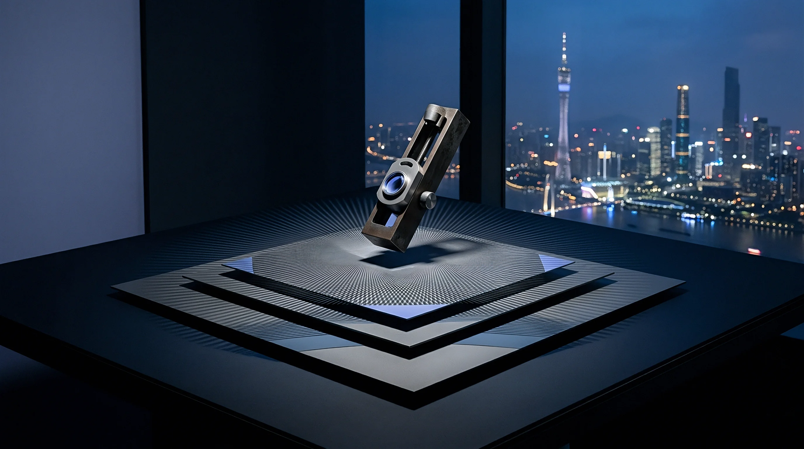 A metal optical module prototype hovers above layered square platforms inside a room overlooking a lit city skyline at night.