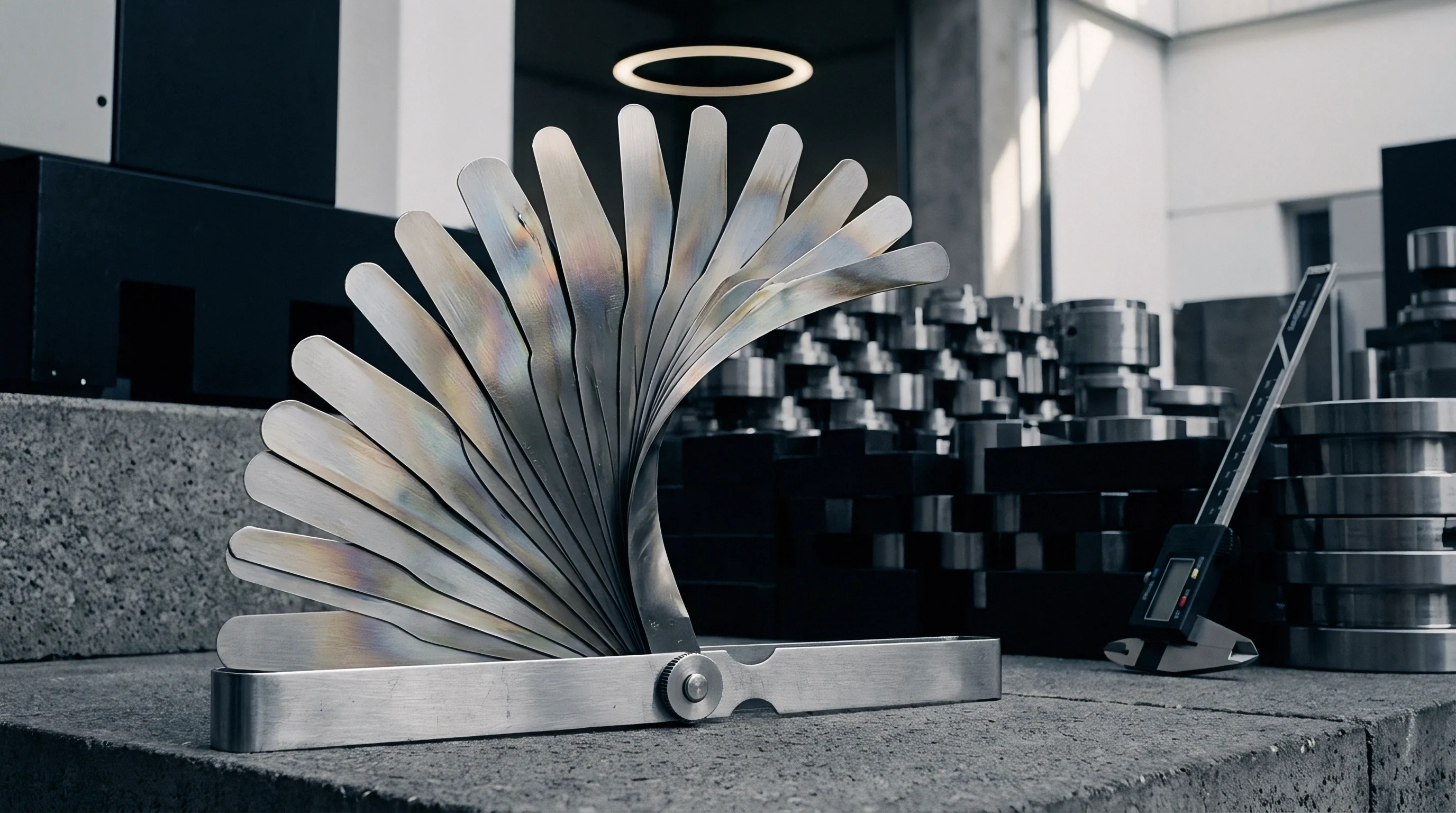 Stainless steel radius gauges fan open on a granite inspection table inside a heavy machinery component production plant.