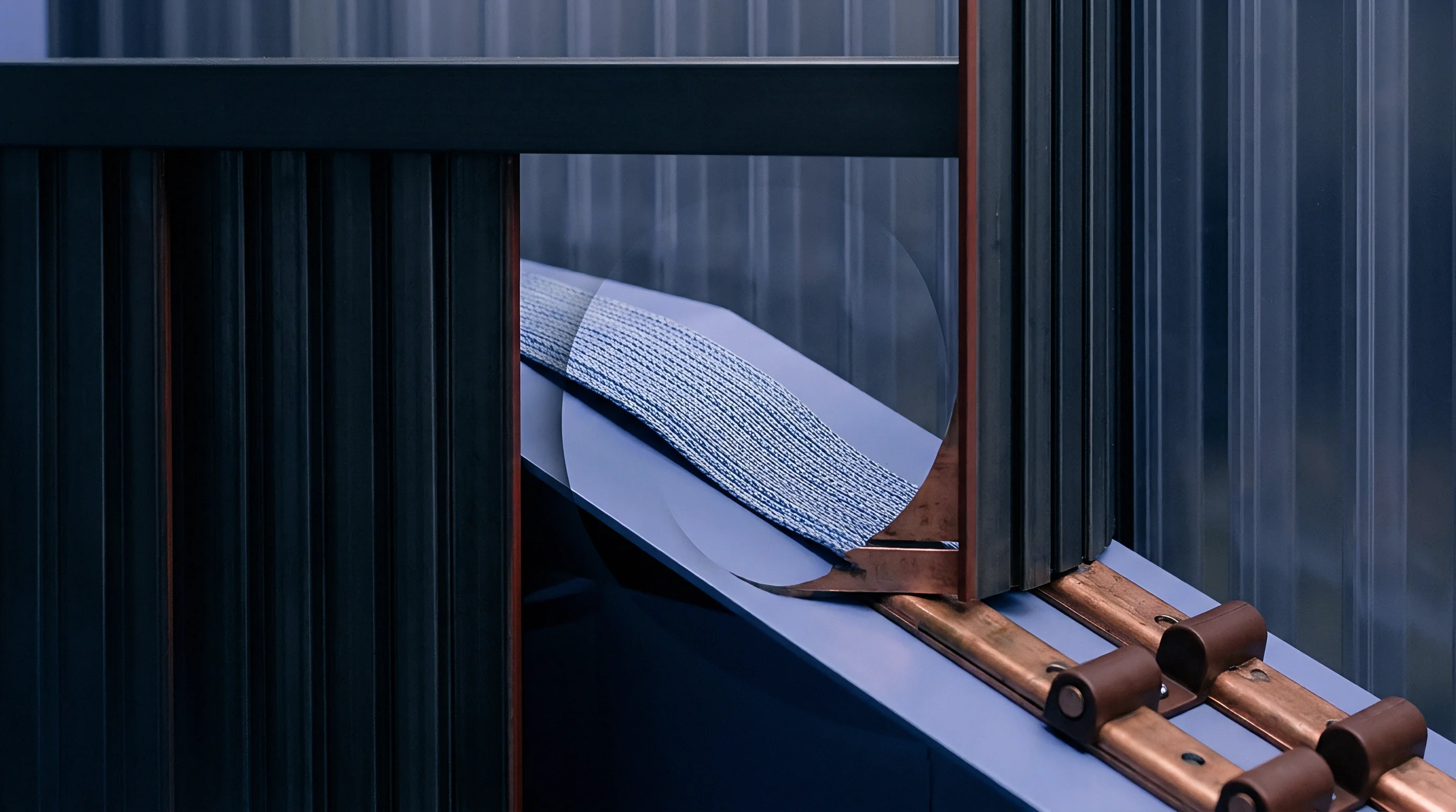 Textured light blue material advances through a specialized industrial machine with metallic guiding elements.
