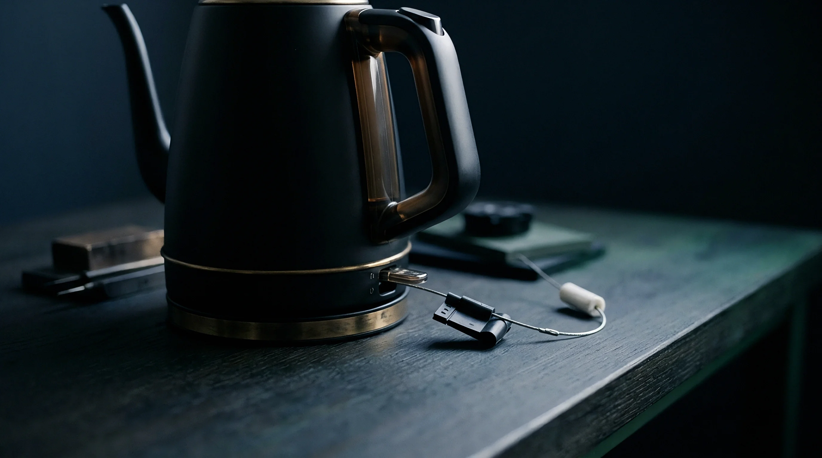A matte black metal electric kettle rests on a dark workshop surface secured by a metal tether cable for quality inspection.