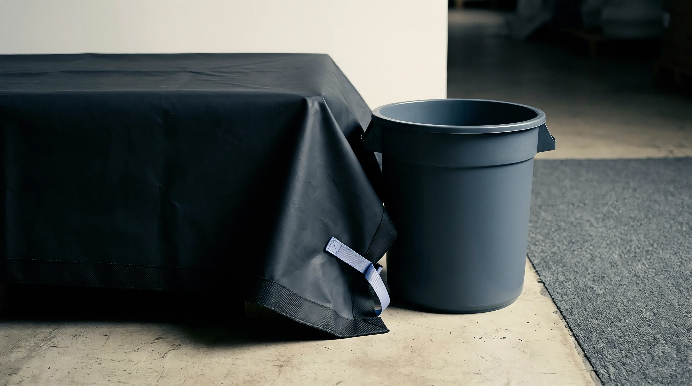 Factory equipment sits under a matte black heavy duty fabric shroud adjacent to a grey injection molded plastic waste container.