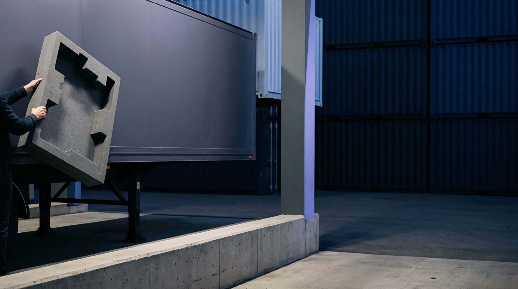 Worker handling custom molded foam protective packaging near a freight transport trailer at a warehouse loading bay.