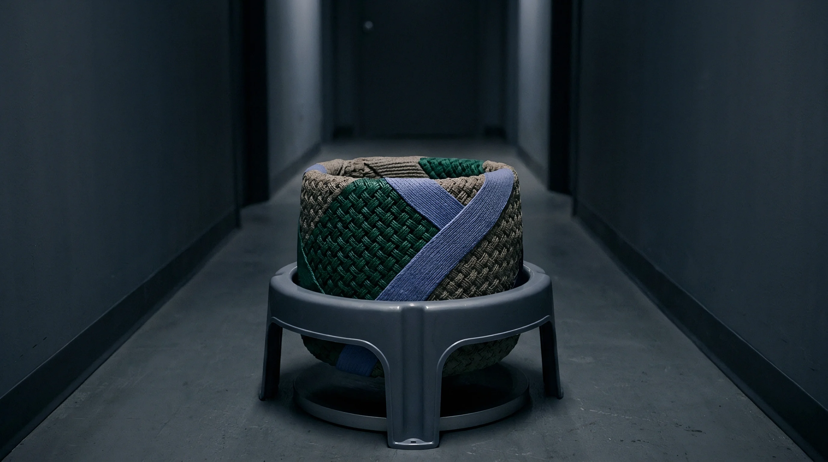 A woven fabric container featuring green and blue patterns rests inside a grey plastic support base positioned centrally along a concrete industrial corridor floor.