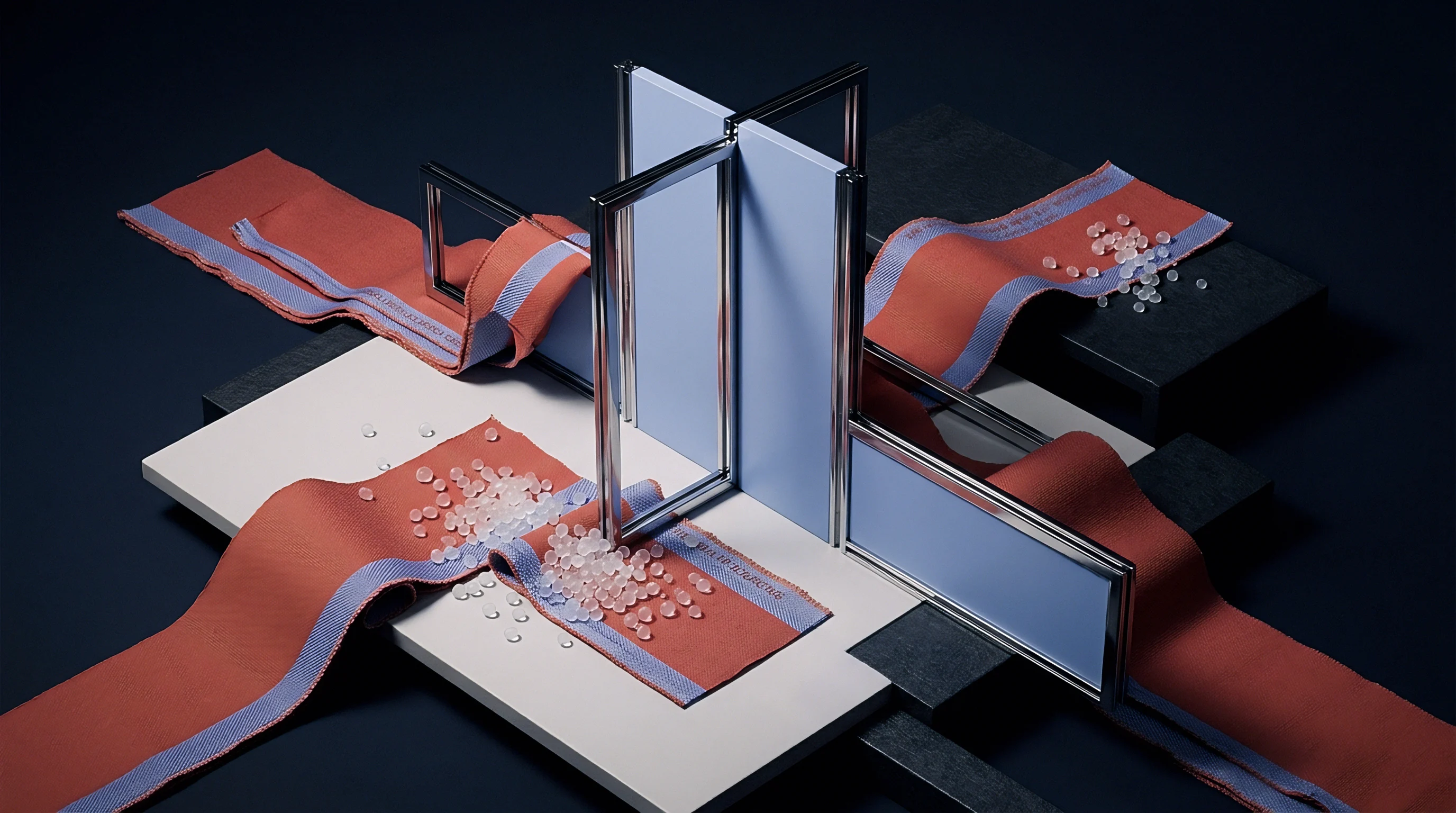 Translucent polymer pellets and woven textile ribbons intersect modular metal framing profiles and composite panels across layered dark platforms in a digital render.