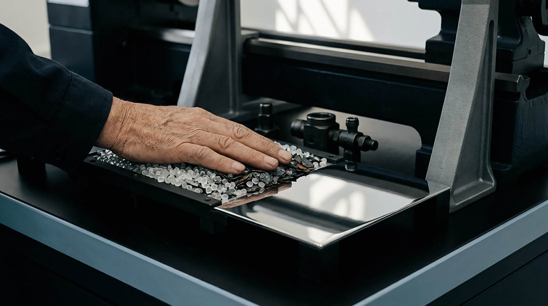 Quality assurance personnel verify sorted polymer feedstock samples on a stainless steel sorting tray positioned at a factory production assembly workbench.