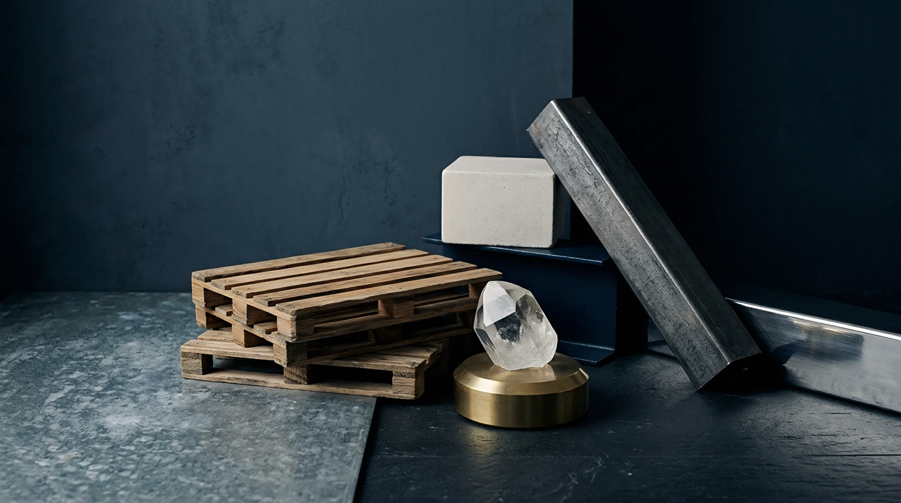 Wooden pallets, a mineral crystal on a brass base, a concrete block, and metal bars rest on a dark textured surface.