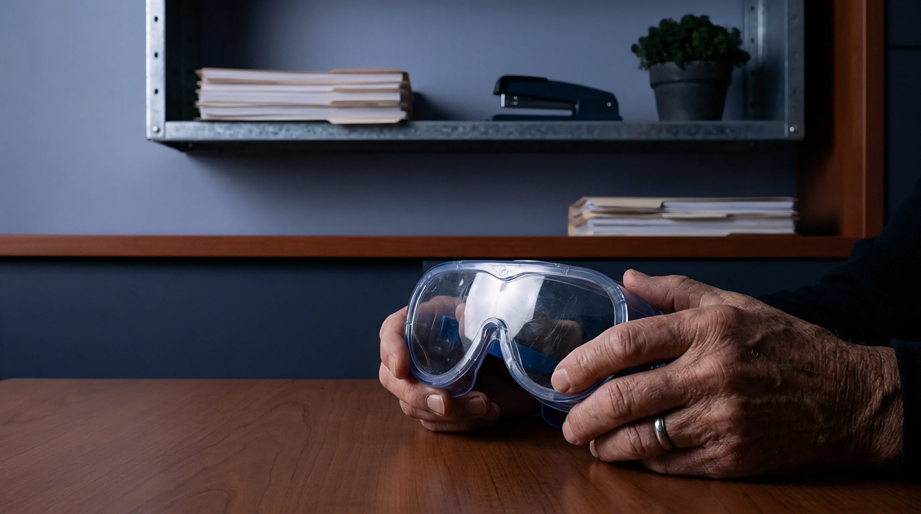 Clear polycarbonate safety goggles rest in worker hands across a polished wooden desk inside a manufacturing plant administrative office.