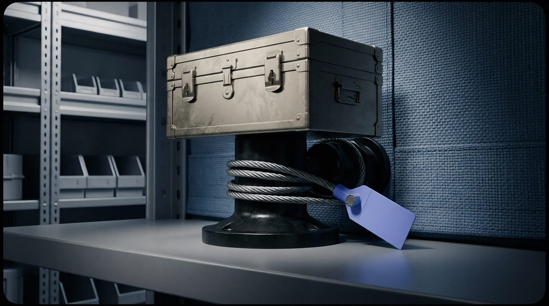 Digital render of a metallic transport case secured with braided steel cable and a blue security tag on industrial warehouse shelving.