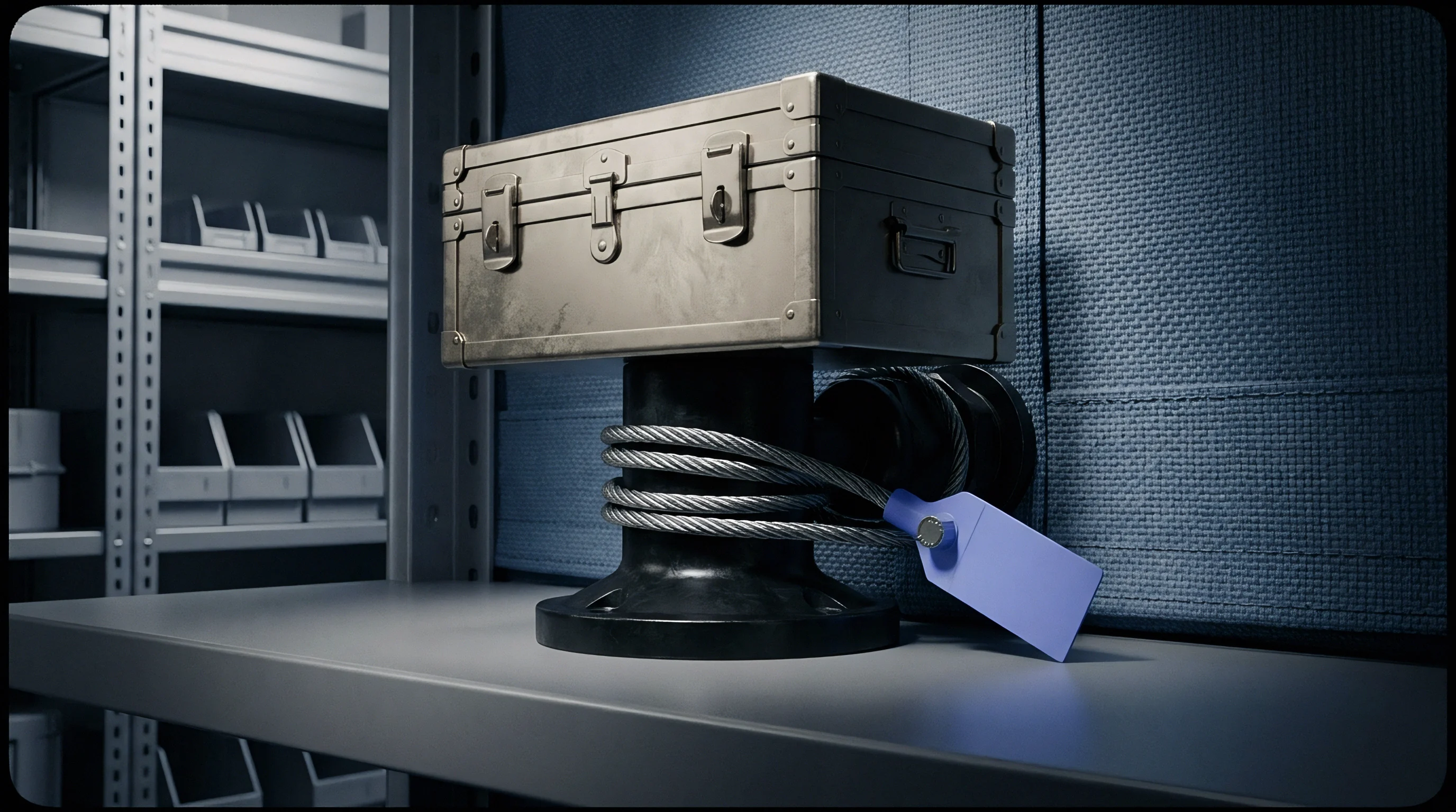 Digital render of a metallic transport case secured with braided steel cable and a blue security tag on industrial warehouse shelving.