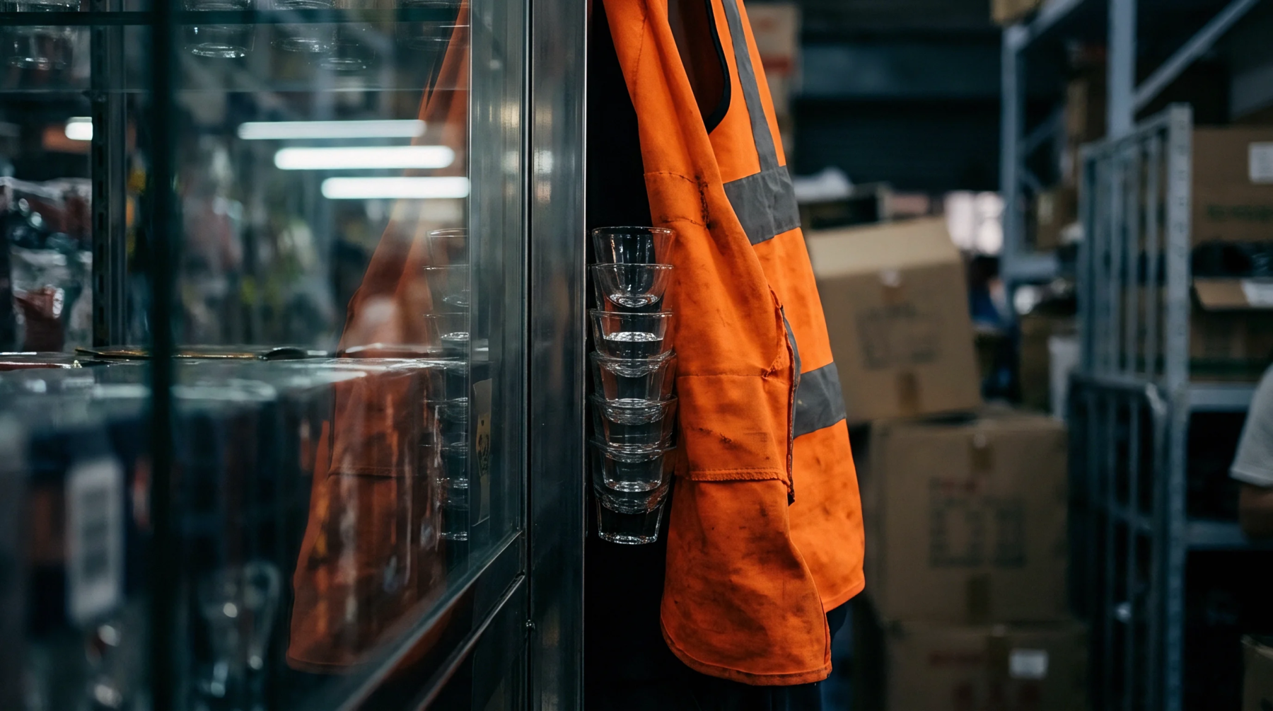 An industrial safety vest holds a vertical stack of clear glassware inside a fulfillment center stocked with cardboard boxes.