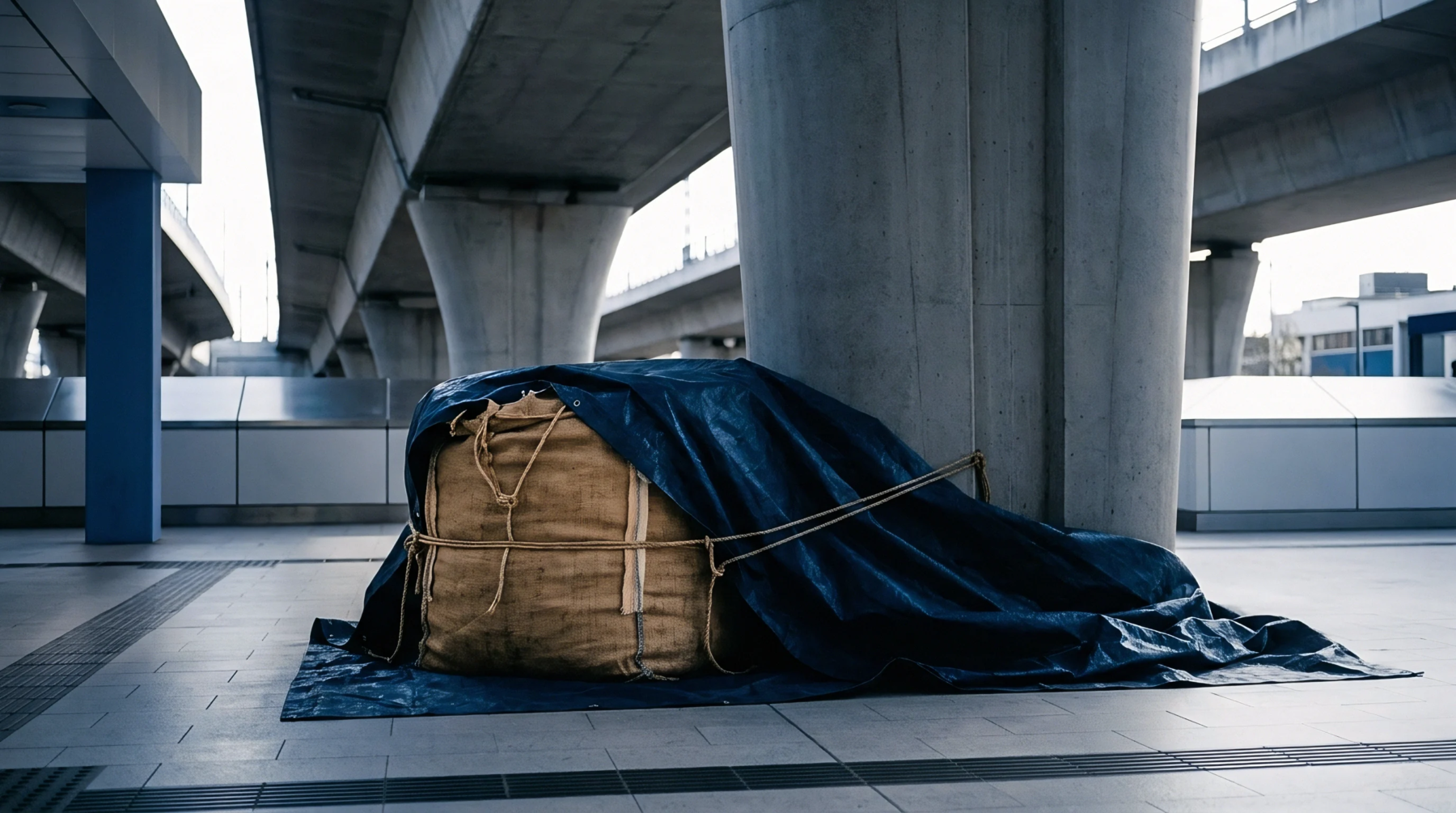 A substantial industrial cargo bale, tightly wrapped in jute and secured with rope, rests beneath a dark blue tarp on a tiled floor.