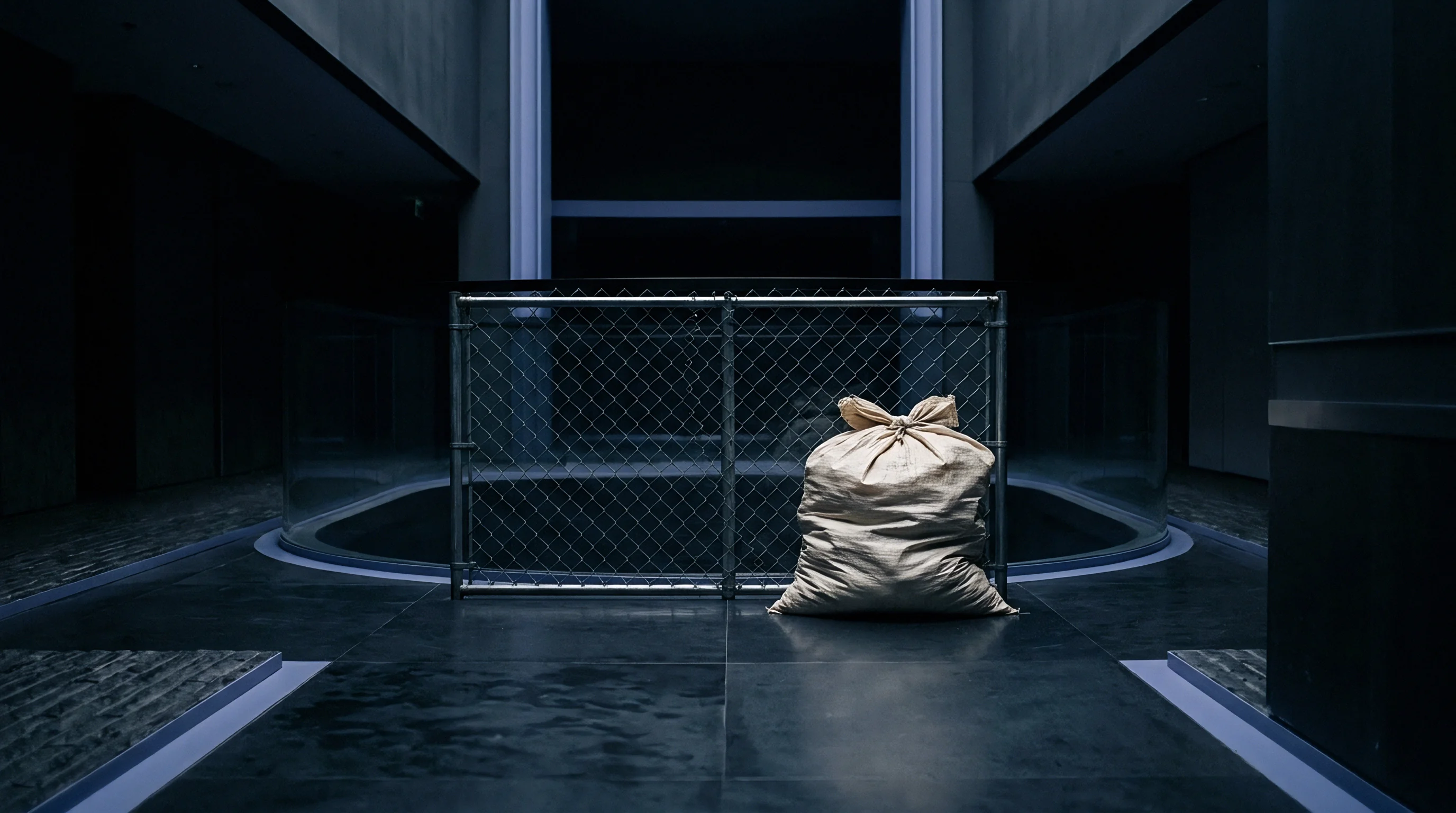 A heavy woven fabric bag rests on industrial dark flooring before a metal chain link security barrier inside a commercial building.