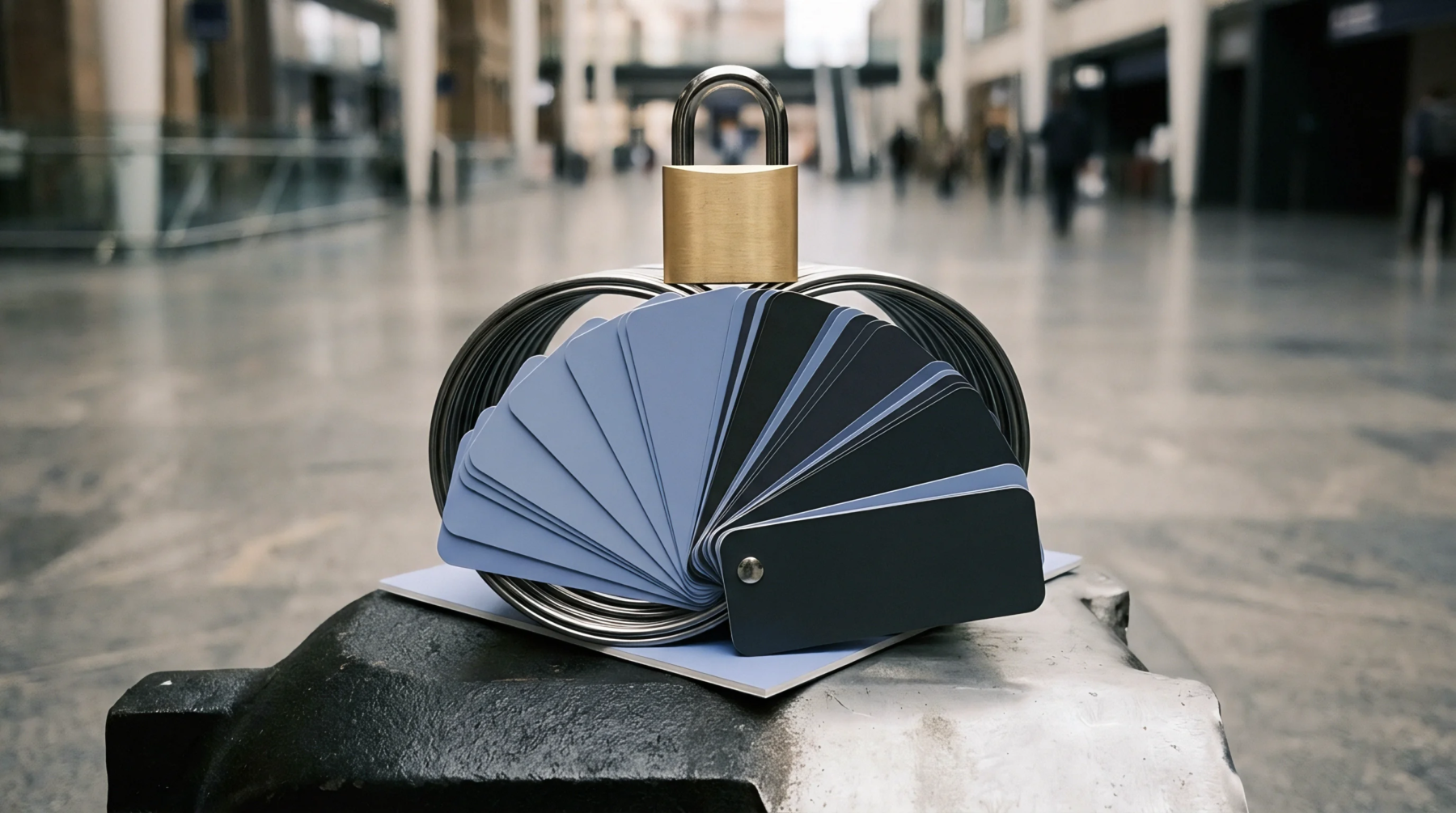 A brass padlock fastens metal rings holding blue and dark grey color sample cards resting on an industrial block inside a manufacturing facility.