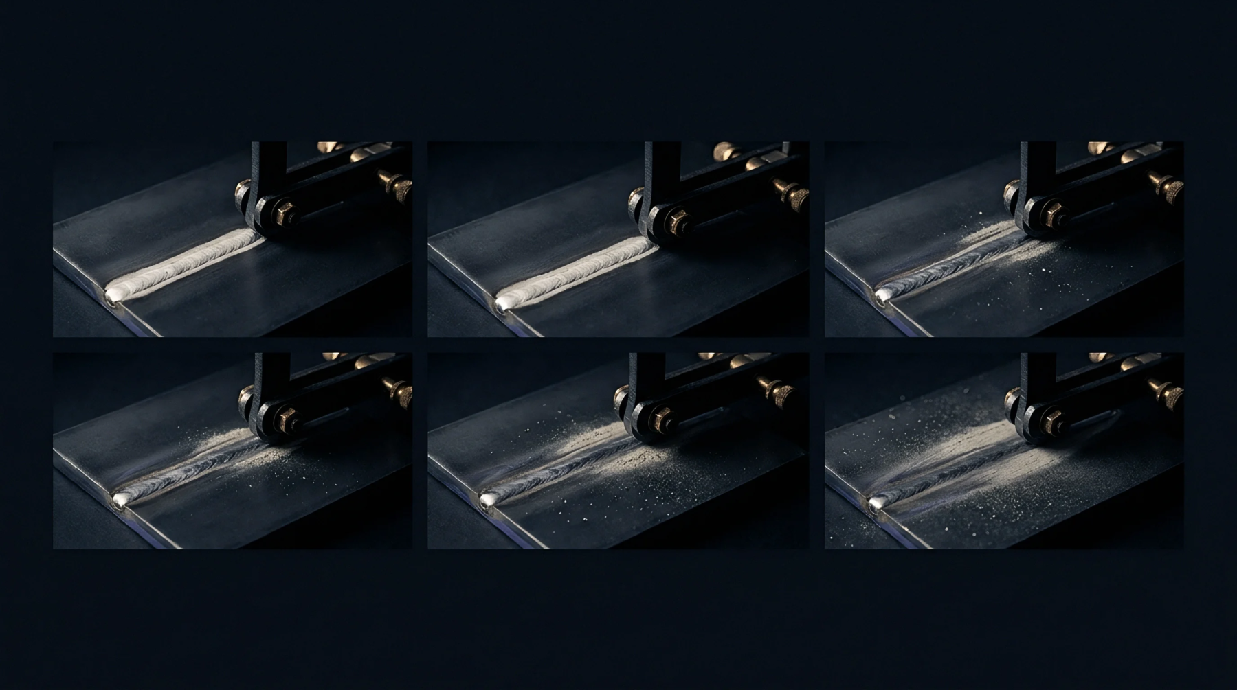 Six sequential panels within a technical render demonstrate a mechanical tool apparatus systematically clearing a white bead from a dark metallic plate.
