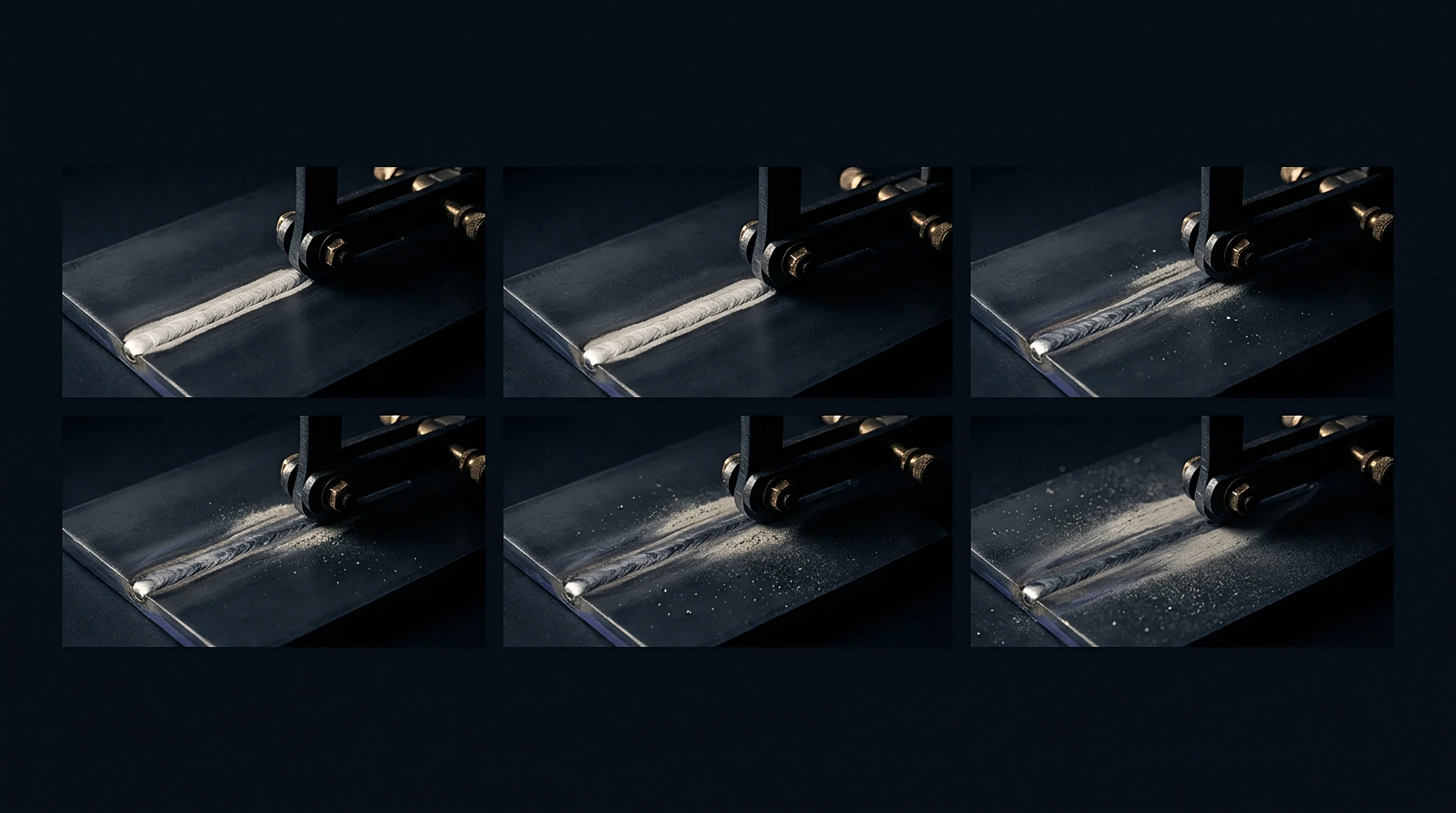 Six sequential panels within a technical render demonstrate a mechanical tool apparatus systematically clearing a white bead from a dark metallic plate.
