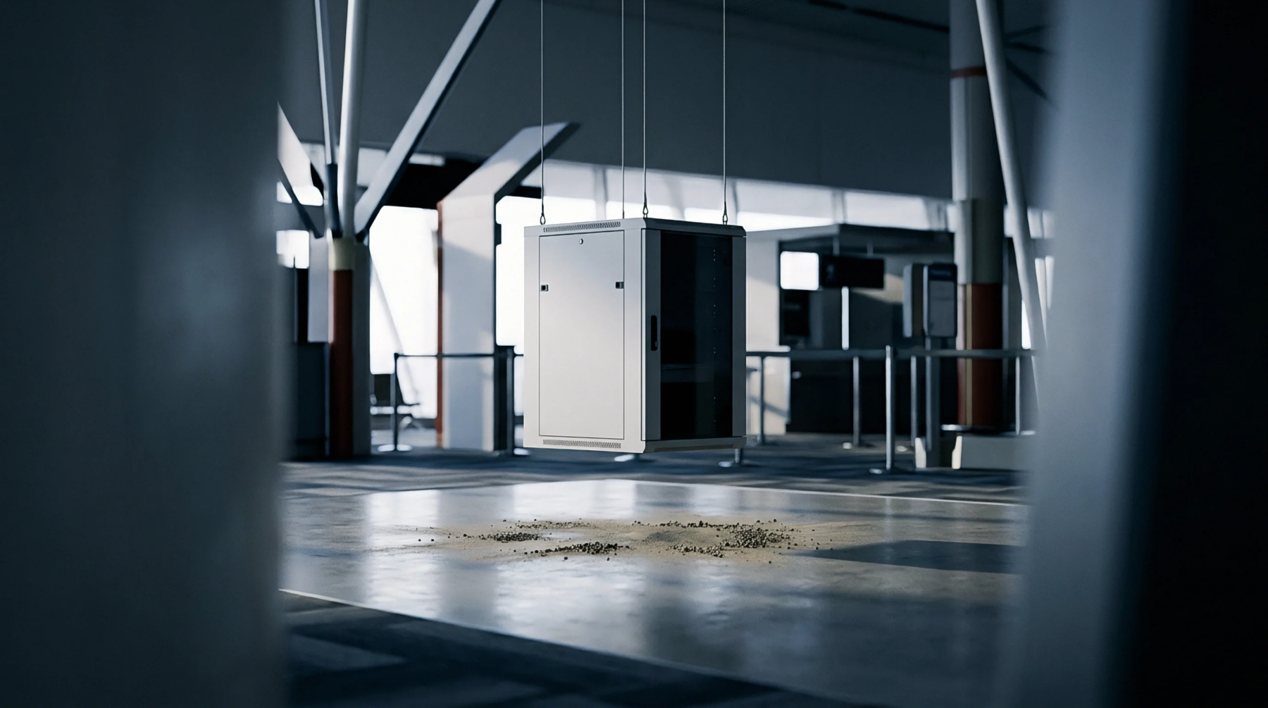 A metal server enclosure hangs suspended by steel cables above fractured debris on a concrete floor inside a logistics testing facility.