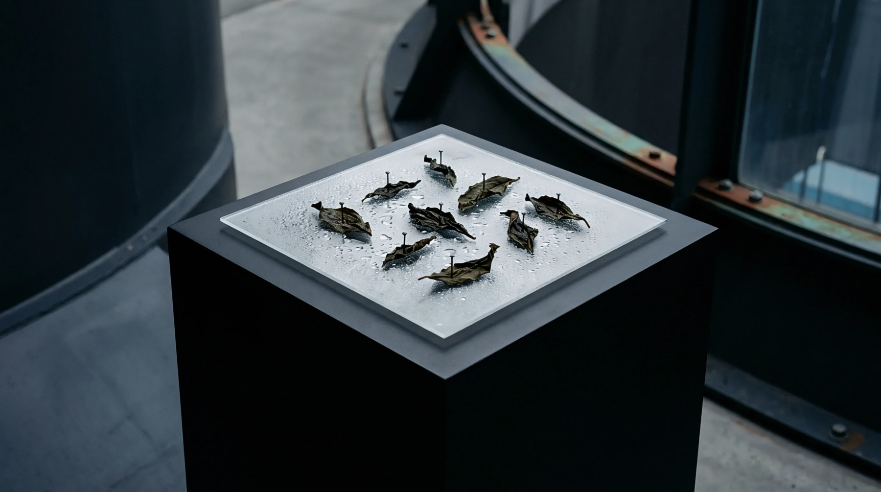 Dried botanical specimens are pinned to a moisture beaded square light table surface atop a dark pedestal within an industrial manufacturing facility.