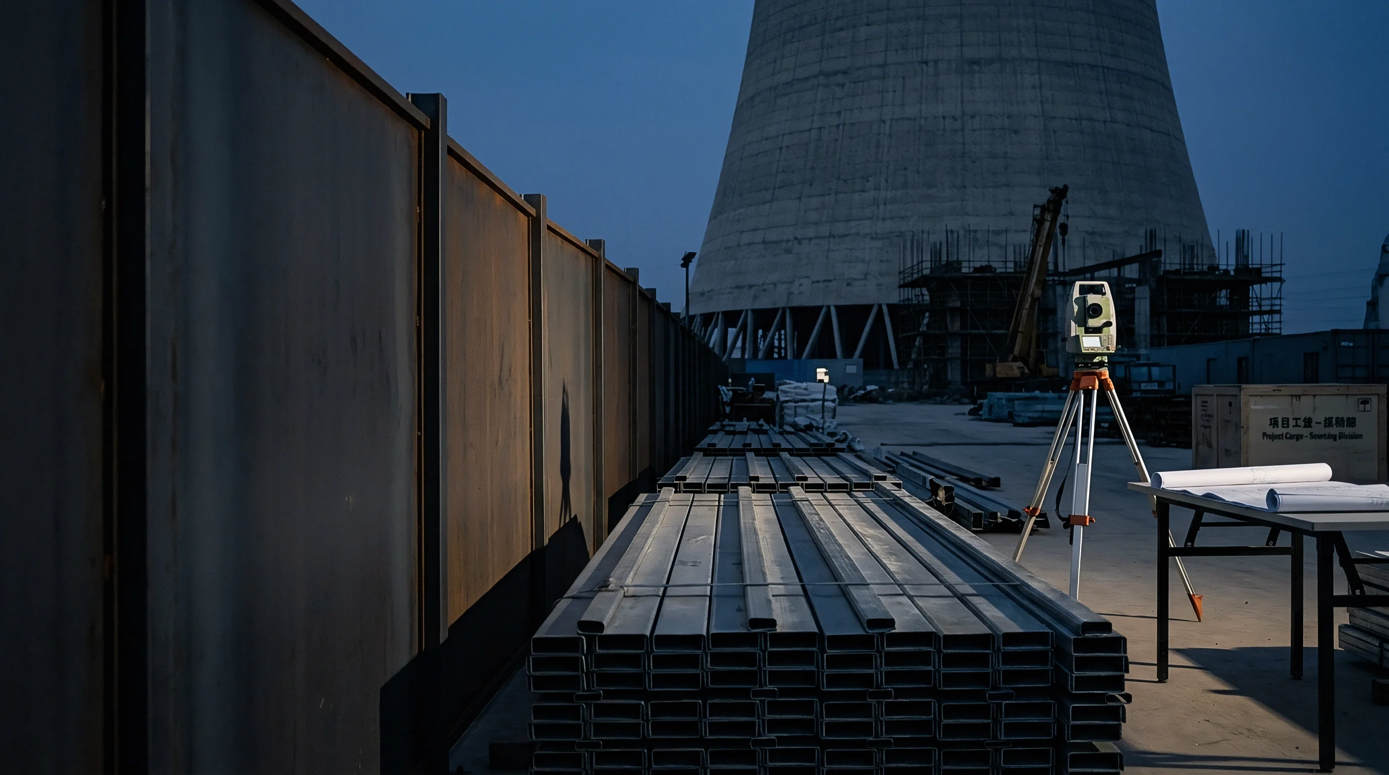 Bundled structural steel profiles rest beside surveying equipment and blueprints on a concrete yard before a concrete cooling tower under evening skies.