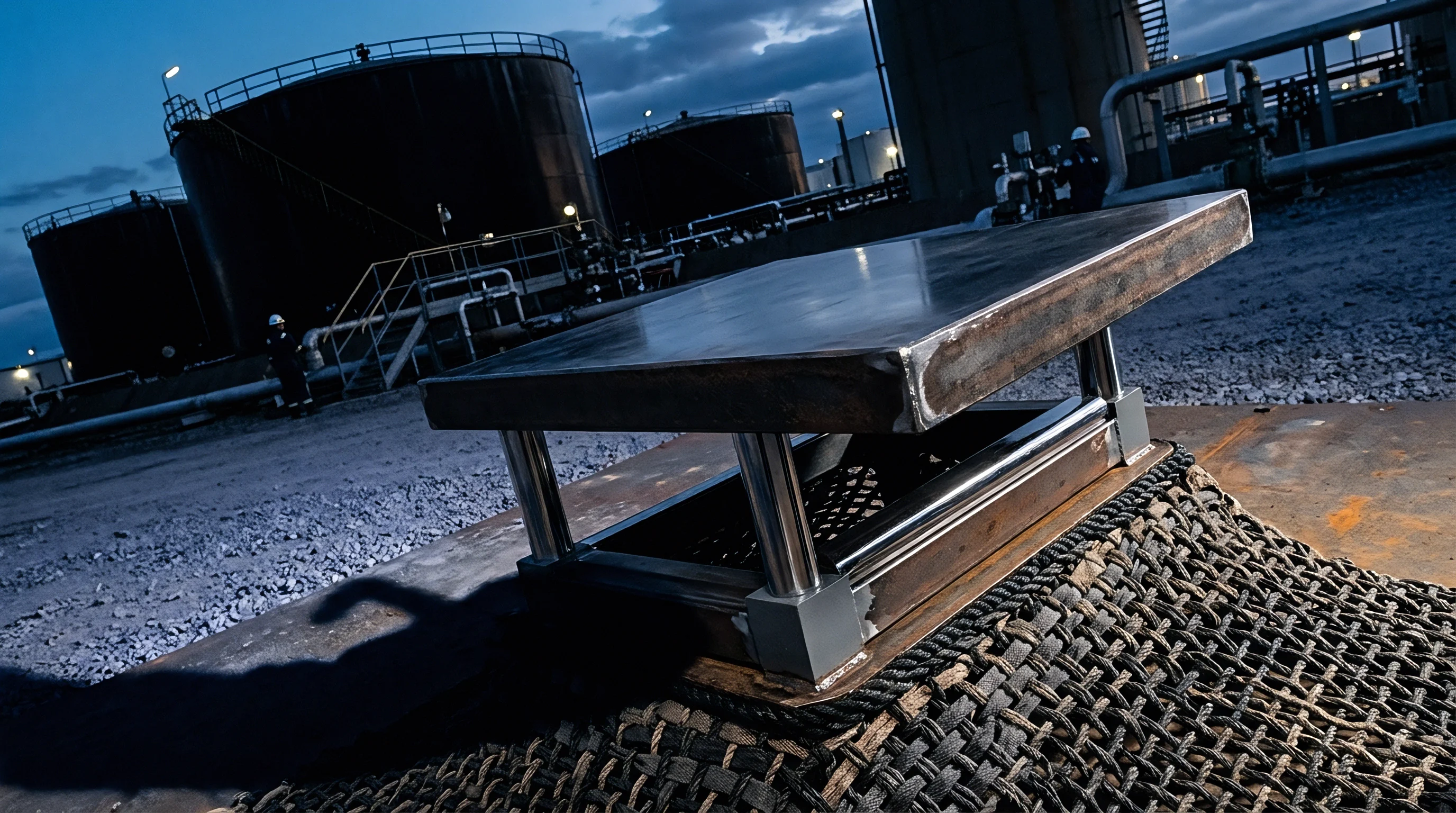 A fabricated steel platform rests on a woven protection mat before large storage tanks in a petrochemical facility during twilight hours.