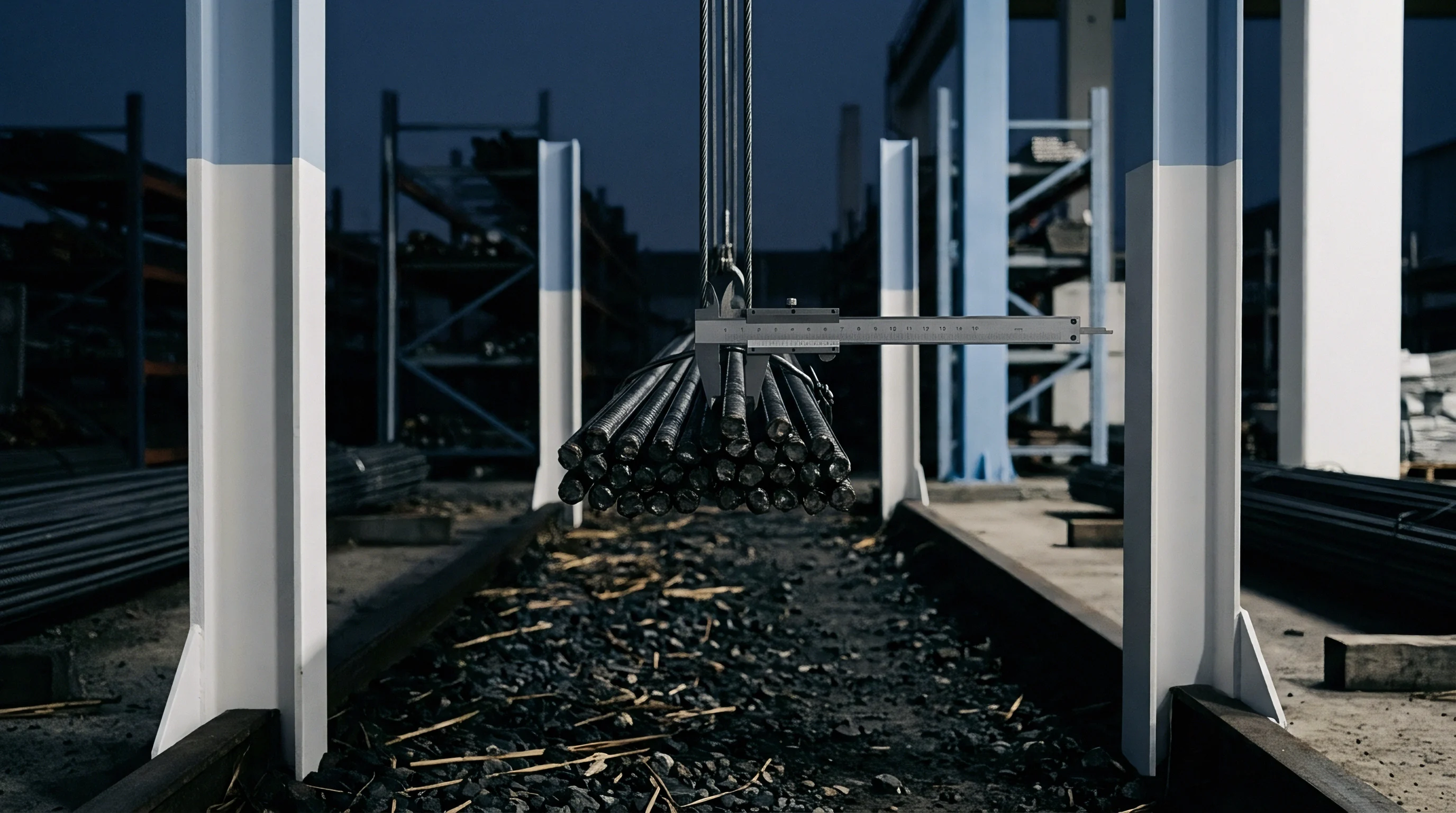 A digital render shows bundled metal bars hanging from an overhead crane while a measuring tool evaluates dimension inside a manufacturing facility.
