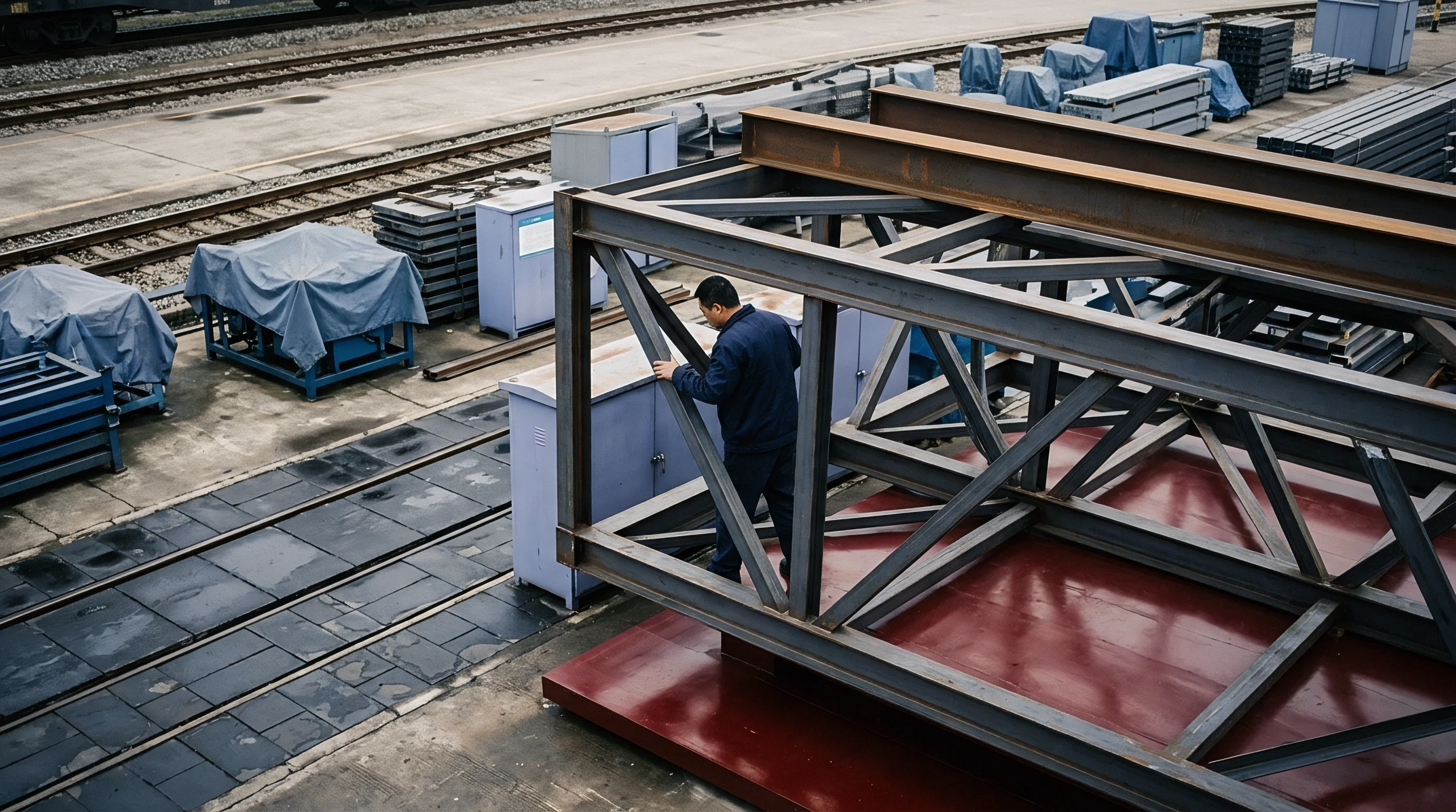 A technician inspects a large welded steel structural framework positioned atop a red base inside a bustling industrial rail freight yard.