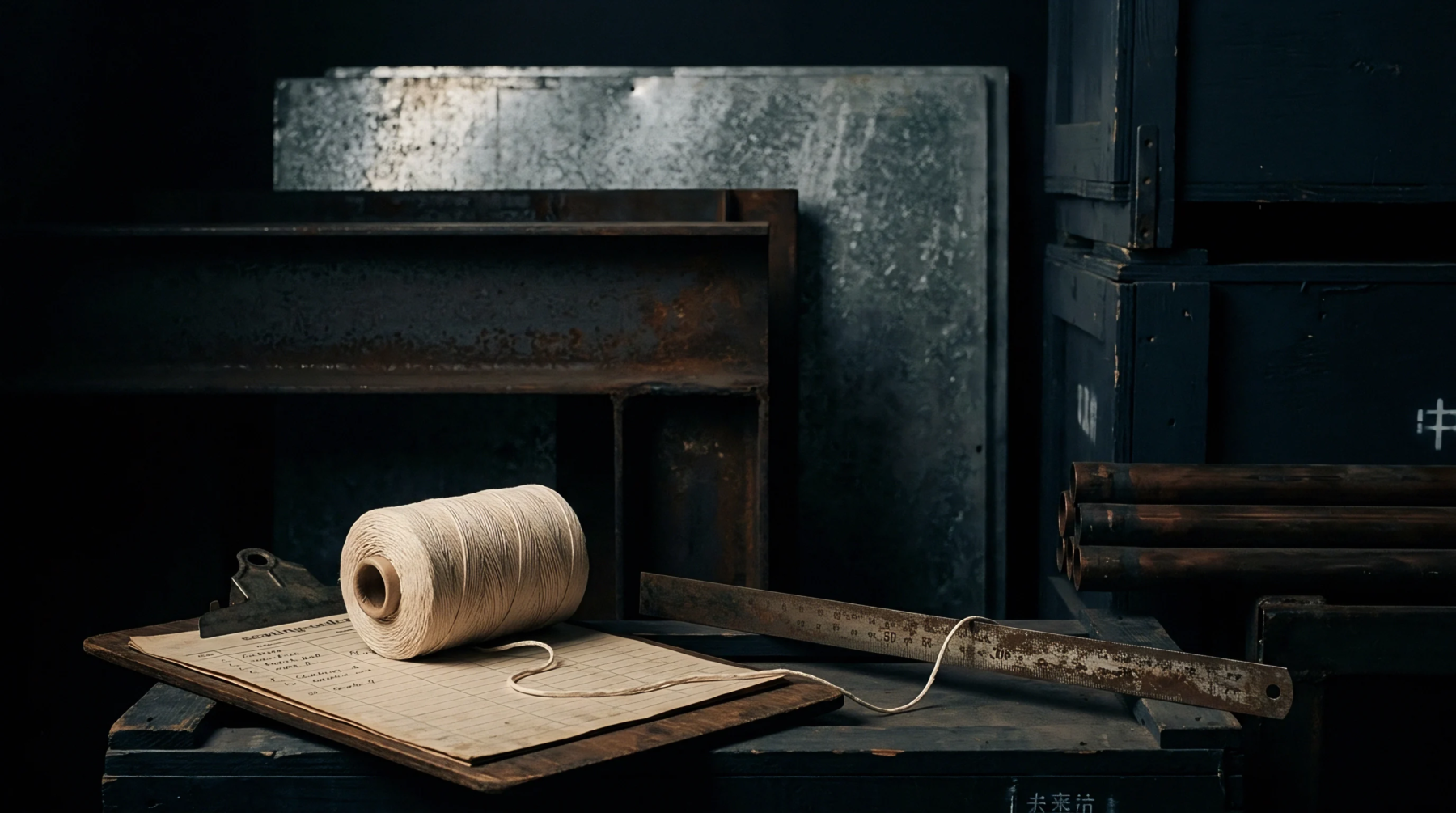 A spool of natural industrial thread rests on a ledger board beside a steel measuring scale and heavy metal structural profiles.