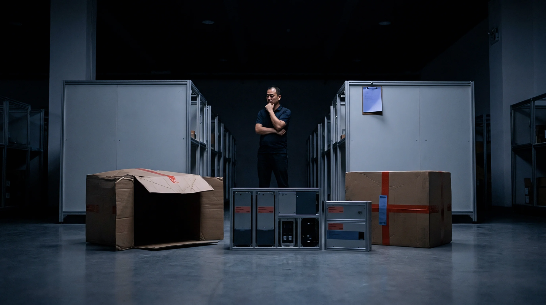 A man observes electronic racks and corrugated shipping containers placed on a concrete floor within a dark industrial warehouse storage facility.
