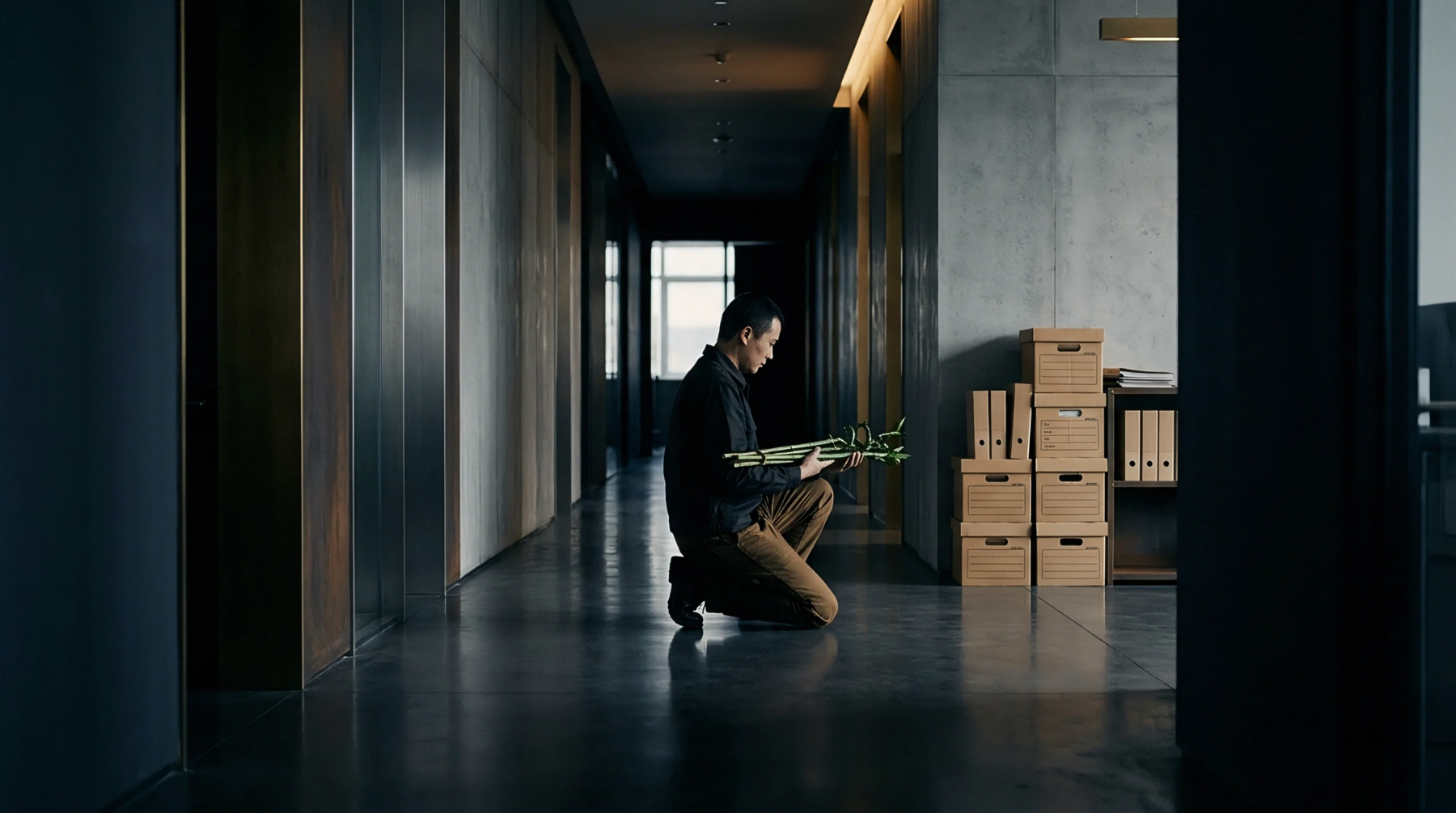A professional in dark clothing kneels on a polished hallway floor holding stalks of bamboo beside stacked cardboard file boxes and binders.