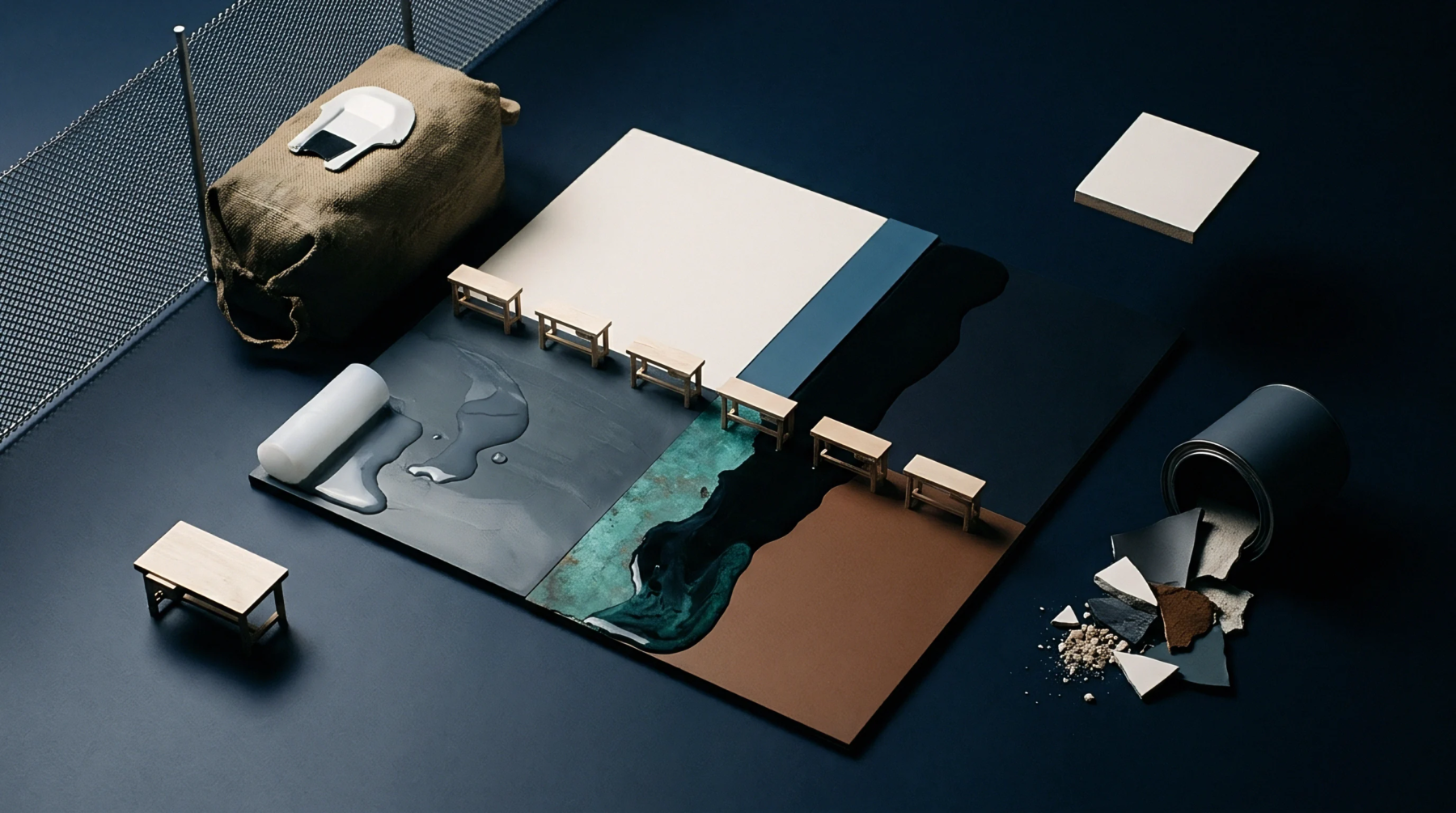 A burlap sack, wire mesh fence, and miniature benches sit on dark blue planes in a digital render featuring spilled industrial pigments and fragments.