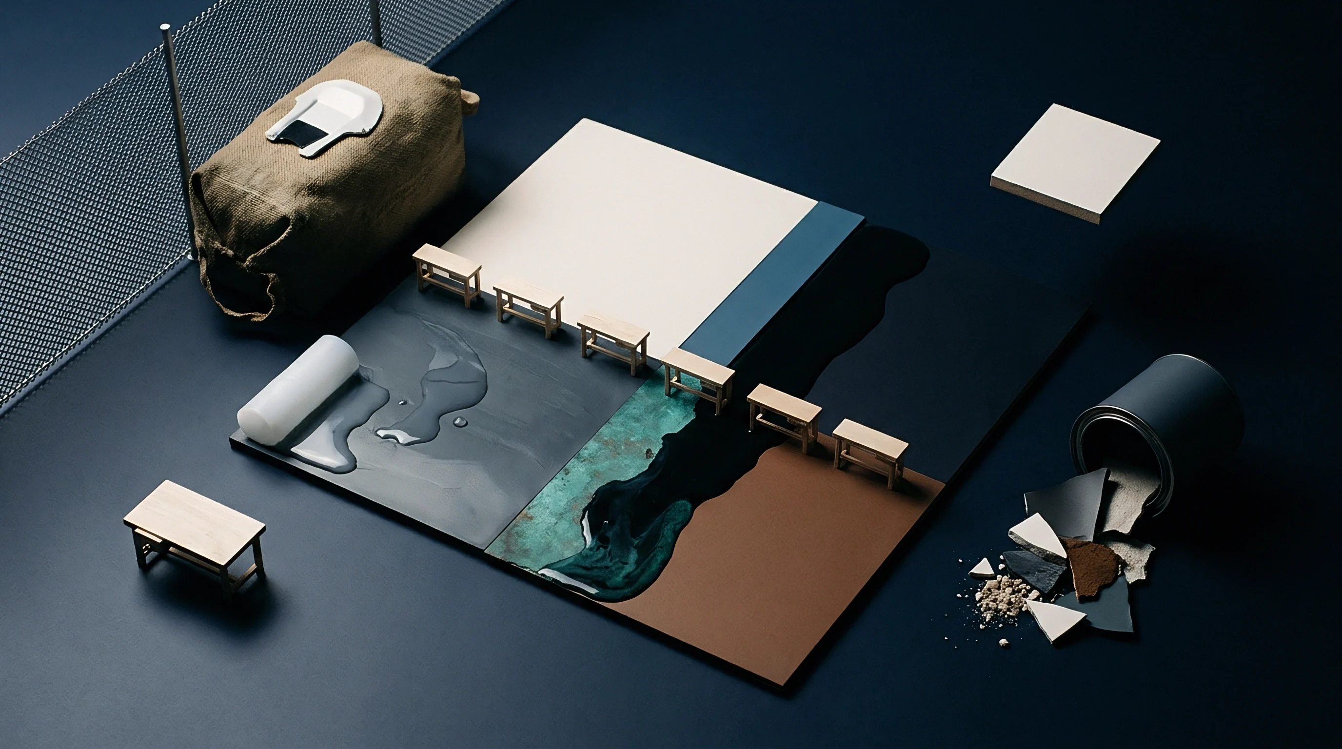 A burlap sack, wire mesh fence, and miniature benches sit on dark blue planes in a digital render featuring spilled industrial pigments and fragments.