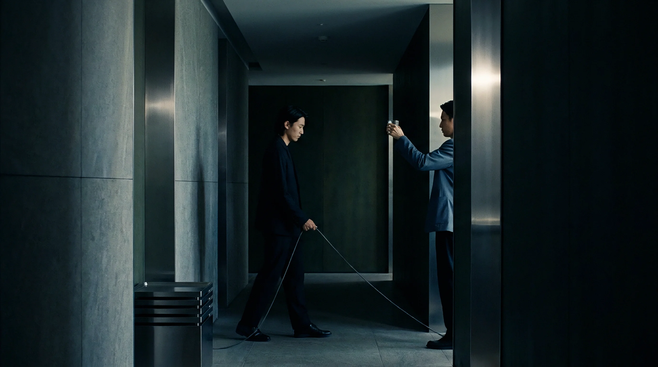 Two corporate figures in dark attire stand connected by a thin tether traversing a concrete and metallic industrial corridor.