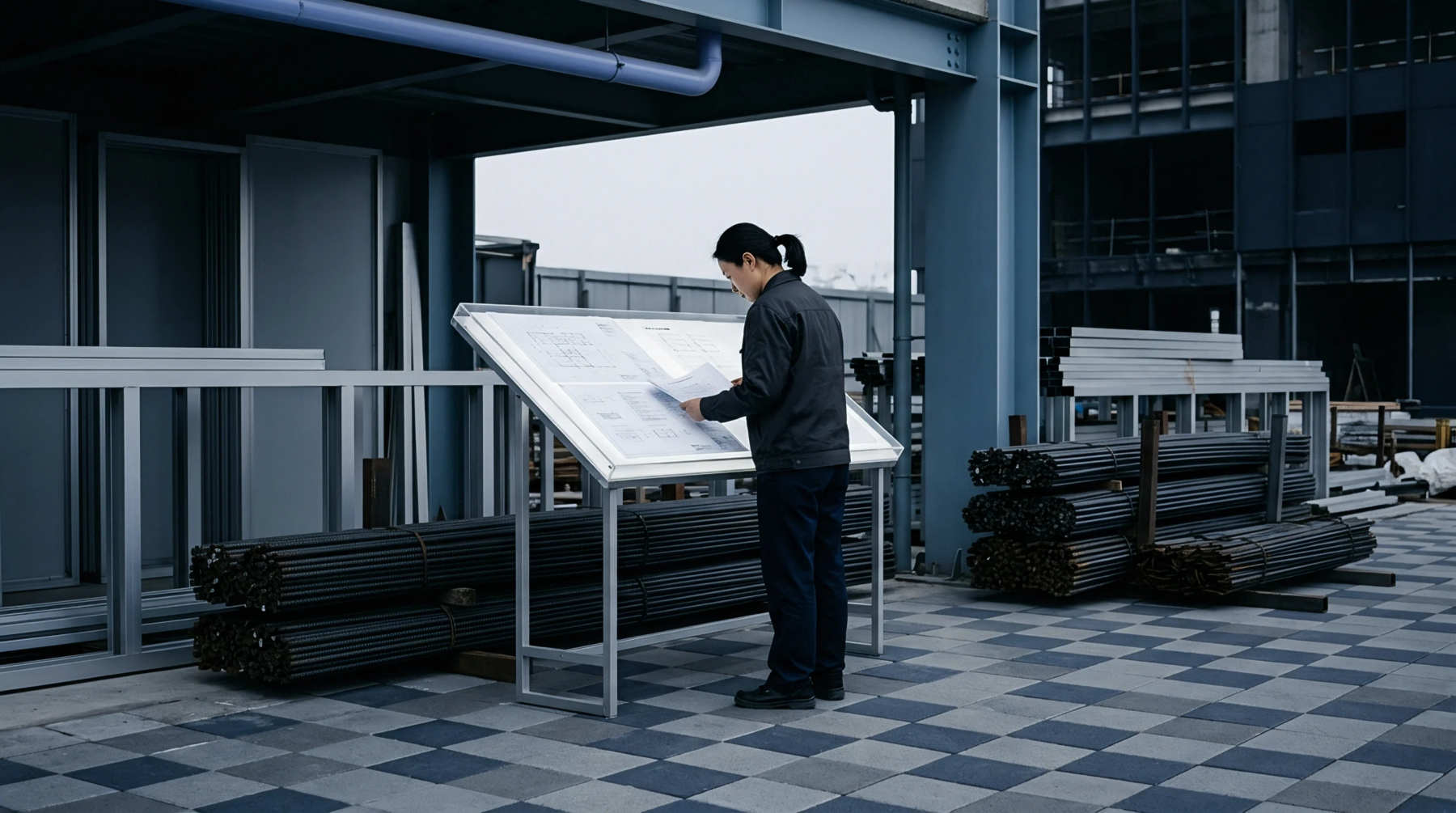 An engineer inspects technical drawings spread across a slanted metal stand amidst stacked steel bars inside an open industrial yard.
